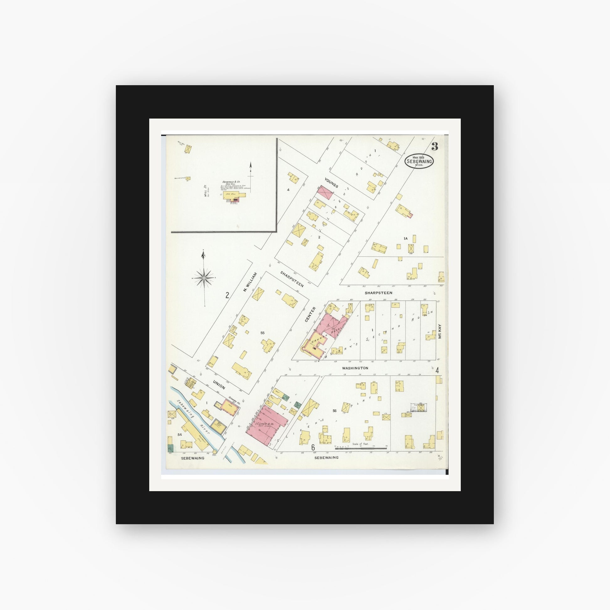 Old map wall art mockup — black gallery frame with white mat — Sanborn Fire Insurance Map from Sebewaing, Huron County, Michigan (1909), Sheet #0003