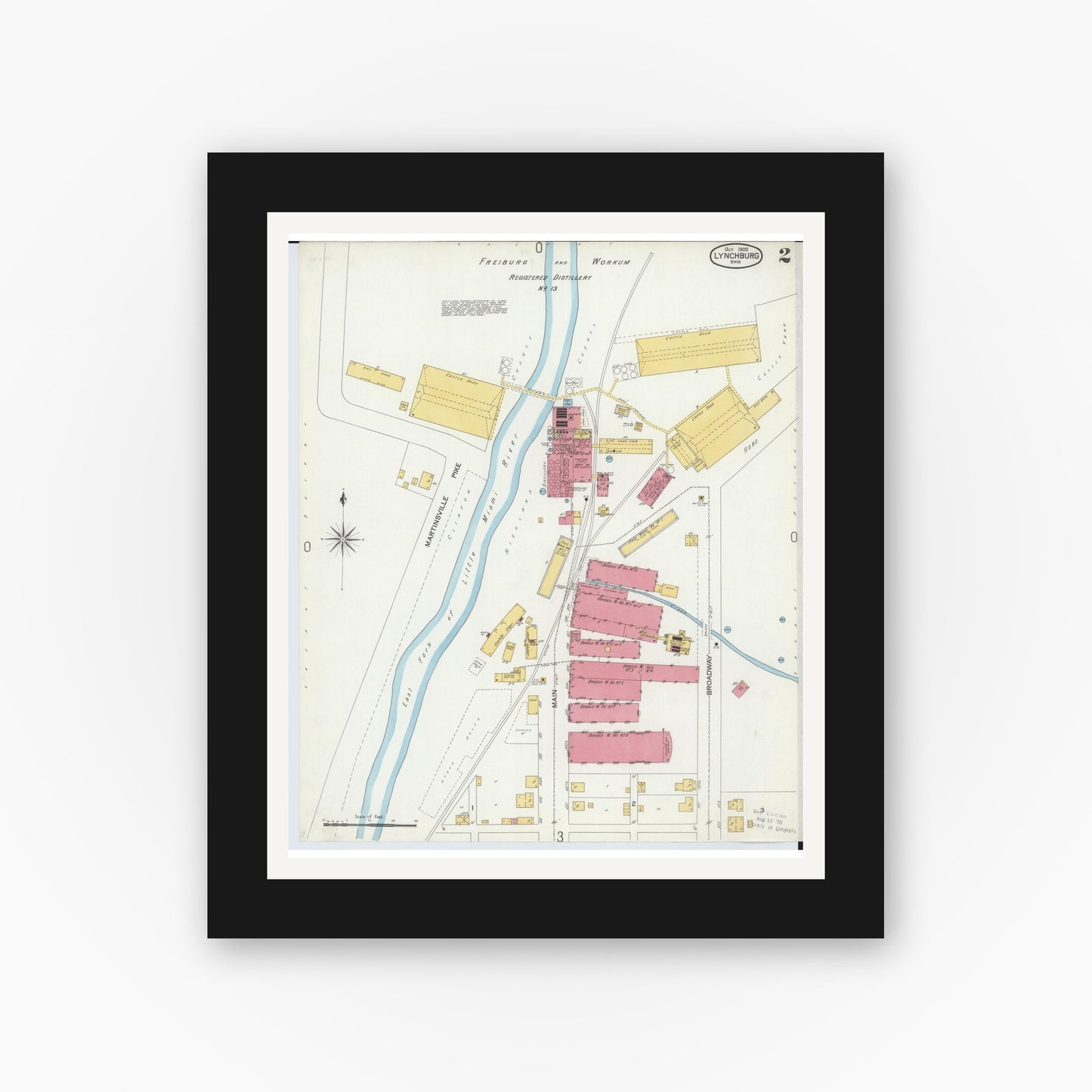 Old map wall art mockup — black gallery frame with white mat — Sanborn Fire Insurance Map from Lynchburg, Highland County, Ohio (1900), Sheet #0002