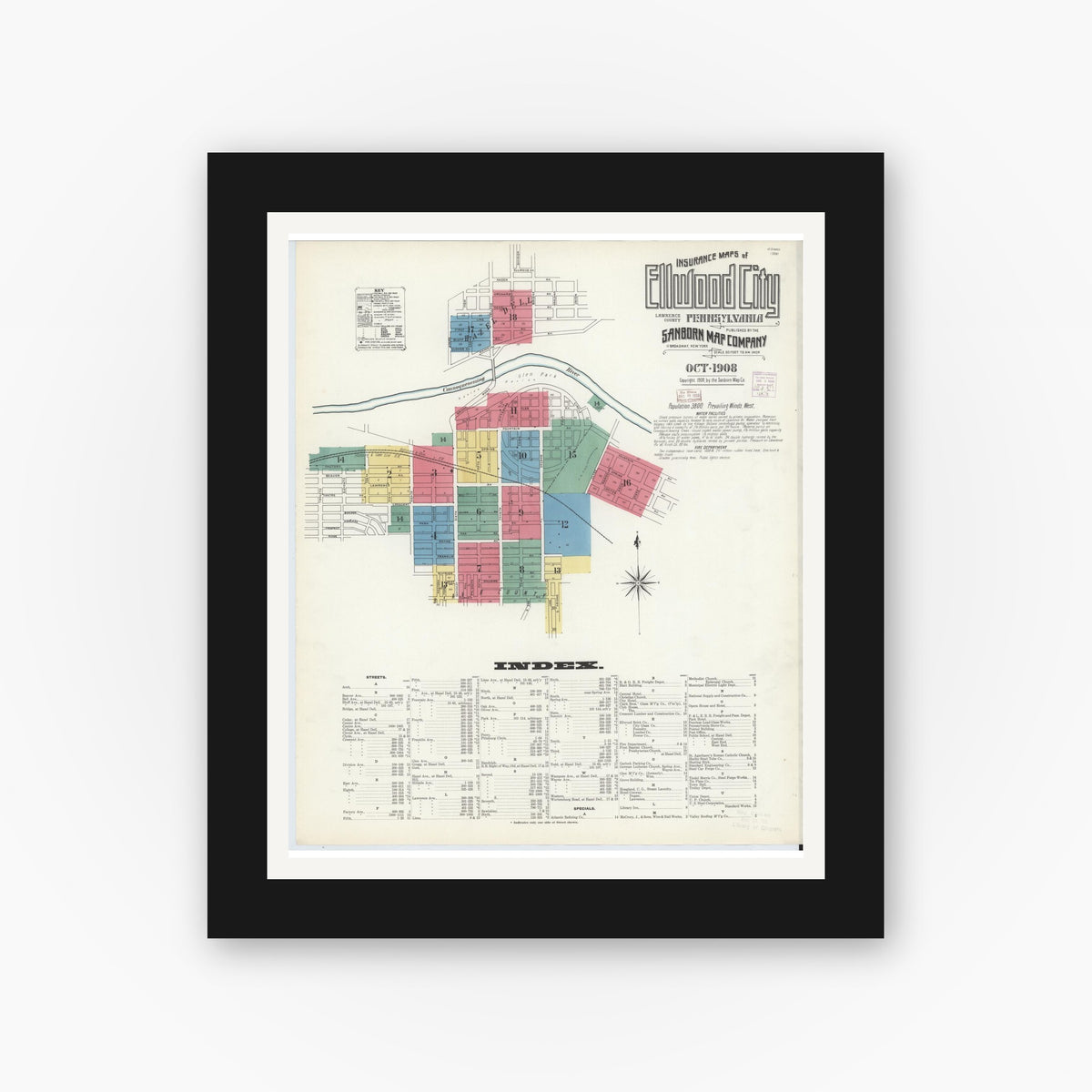 Old map wall art mockup — black gallery frame with white mat — Sanborn Fire Insurance Map from Ellwood City, Lawrence County, Pennsylvania (1908) - Complete Map Set