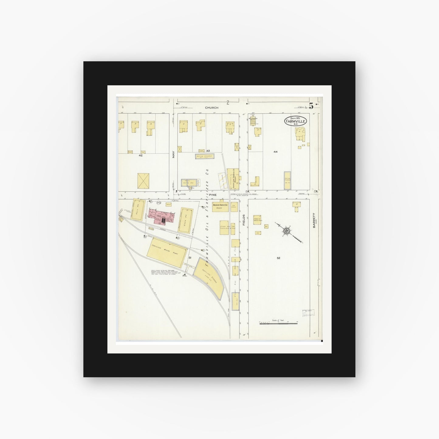 Old map wall art mockup — black gallery frame with white mat — Sanborn Fire Insurance Map from Farmville, Pitt County, North Carolina (1915), Sheet #0005