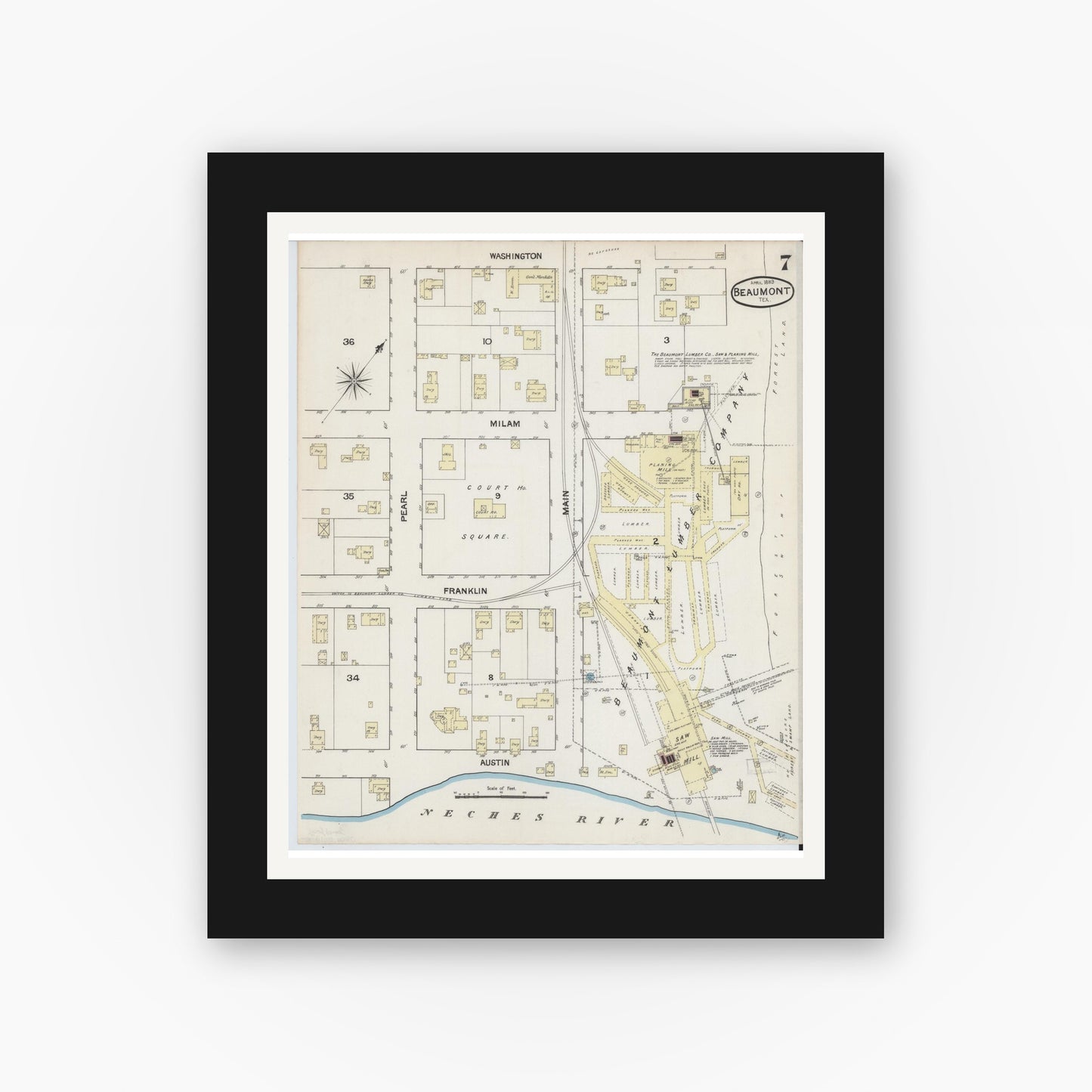 Old map wall art mockup — black gallery frame with white mat — Sanborn Fire Insurance Map from Beaumont, Jefferson County, Texas (1889), Sheet #0007
