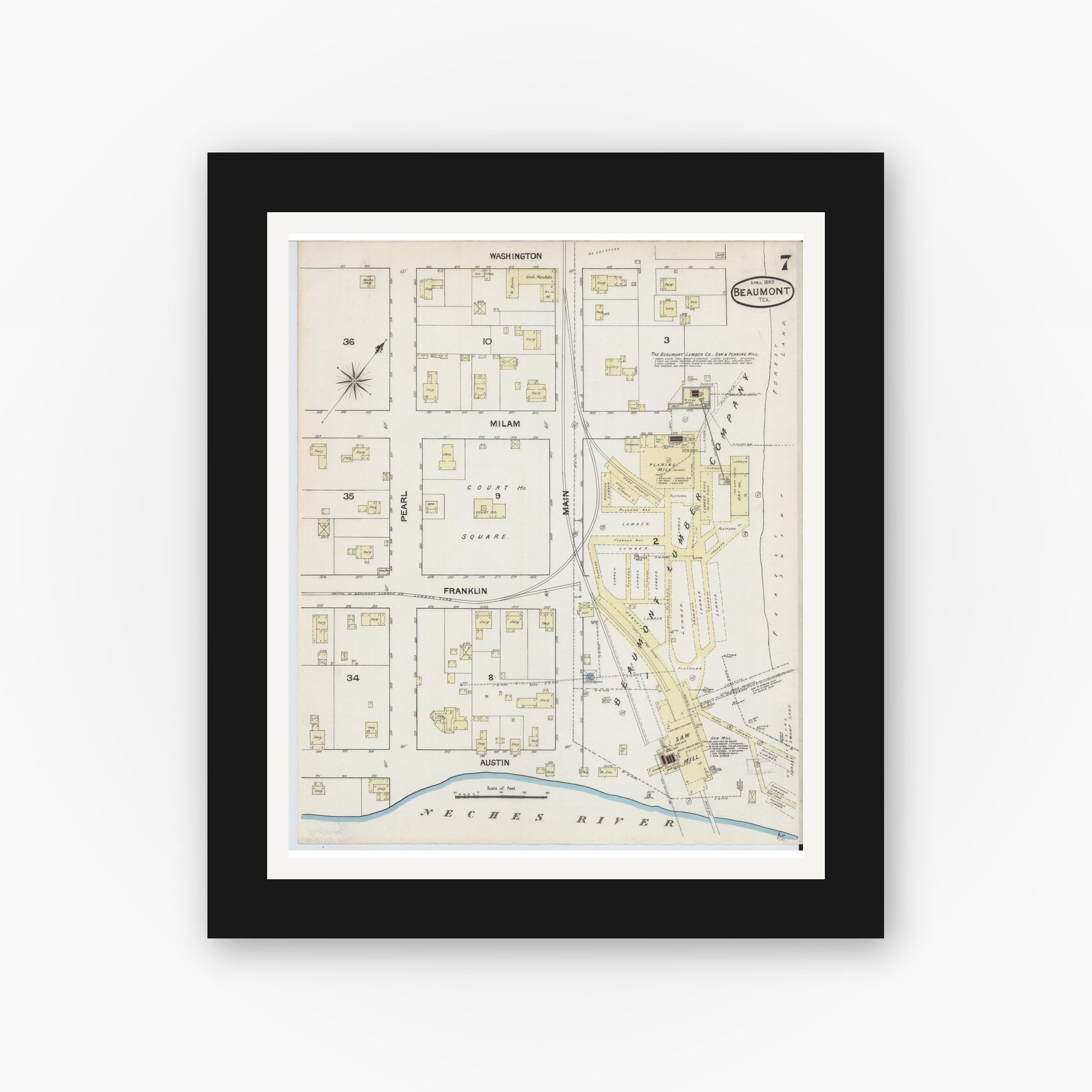 Old map wall art mockup — black gallery frame with white mat — Sanborn Fire Insurance Map from Beaumont, Jefferson County, Texas (1889), Sheet #0007