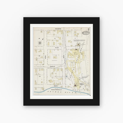 Old map wall art mockup — black gallery frame with white mat — Sanborn Fire Insurance Map from Beaumont, Jefferson County, Texas (1889), Sheet #0007