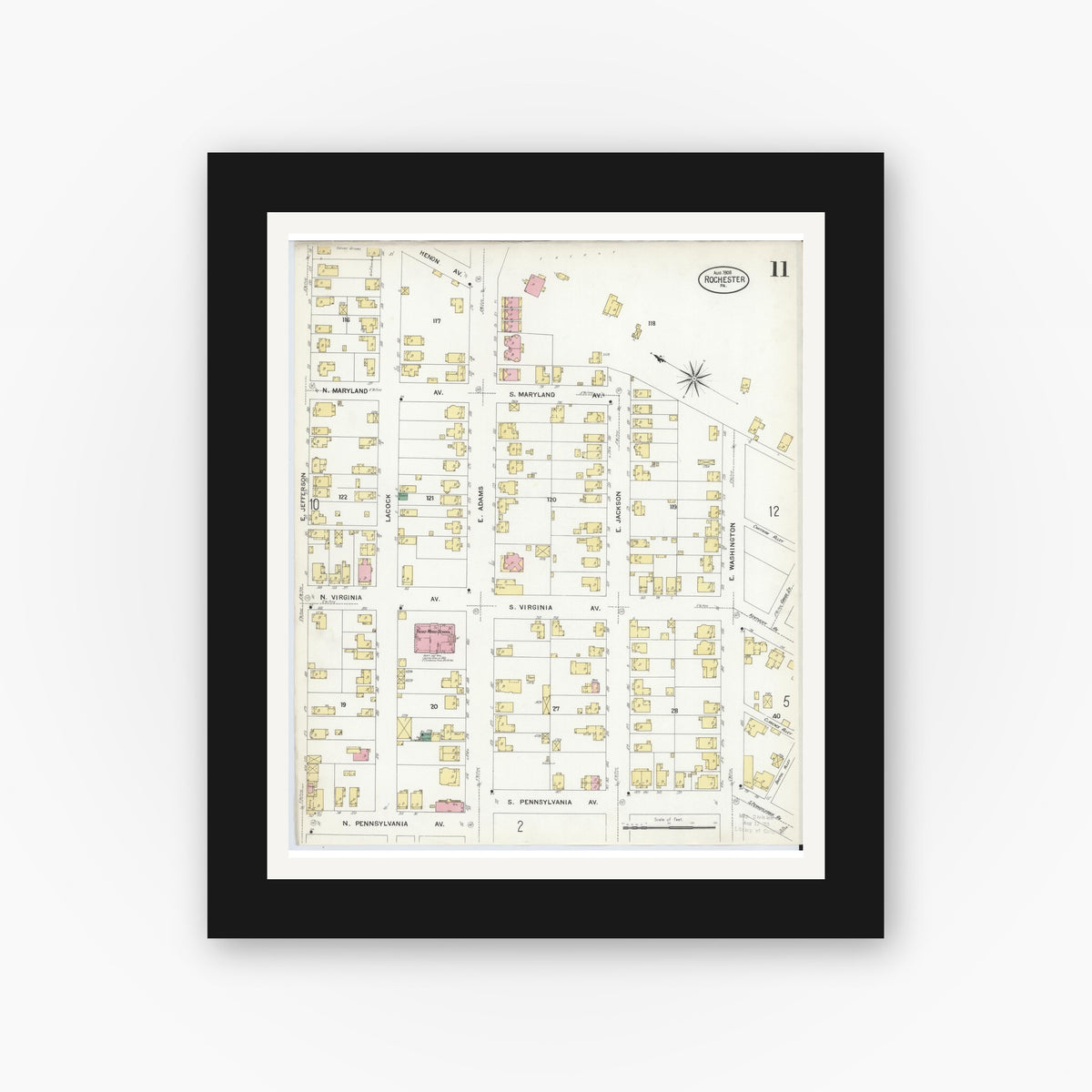 Old map wall art mockup — black gallery frame with white mat — Sanborn Fire Insurance Map from Rochester, Beaver County, Pennsylvania (1908), Sheet #0011