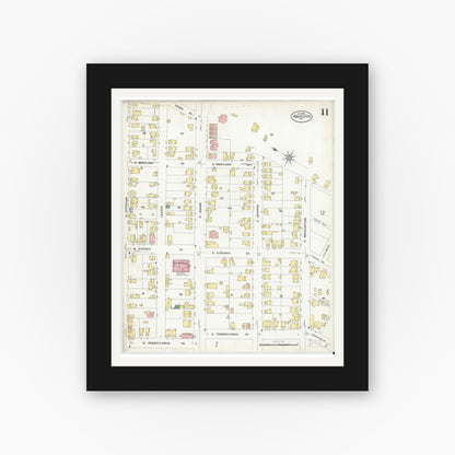Old map wall art mockup — black gallery frame with white mat — Sanborn Fire Insurance Map from Rochester, Beaver County, Pennsylvania (1908), Sheet #0011