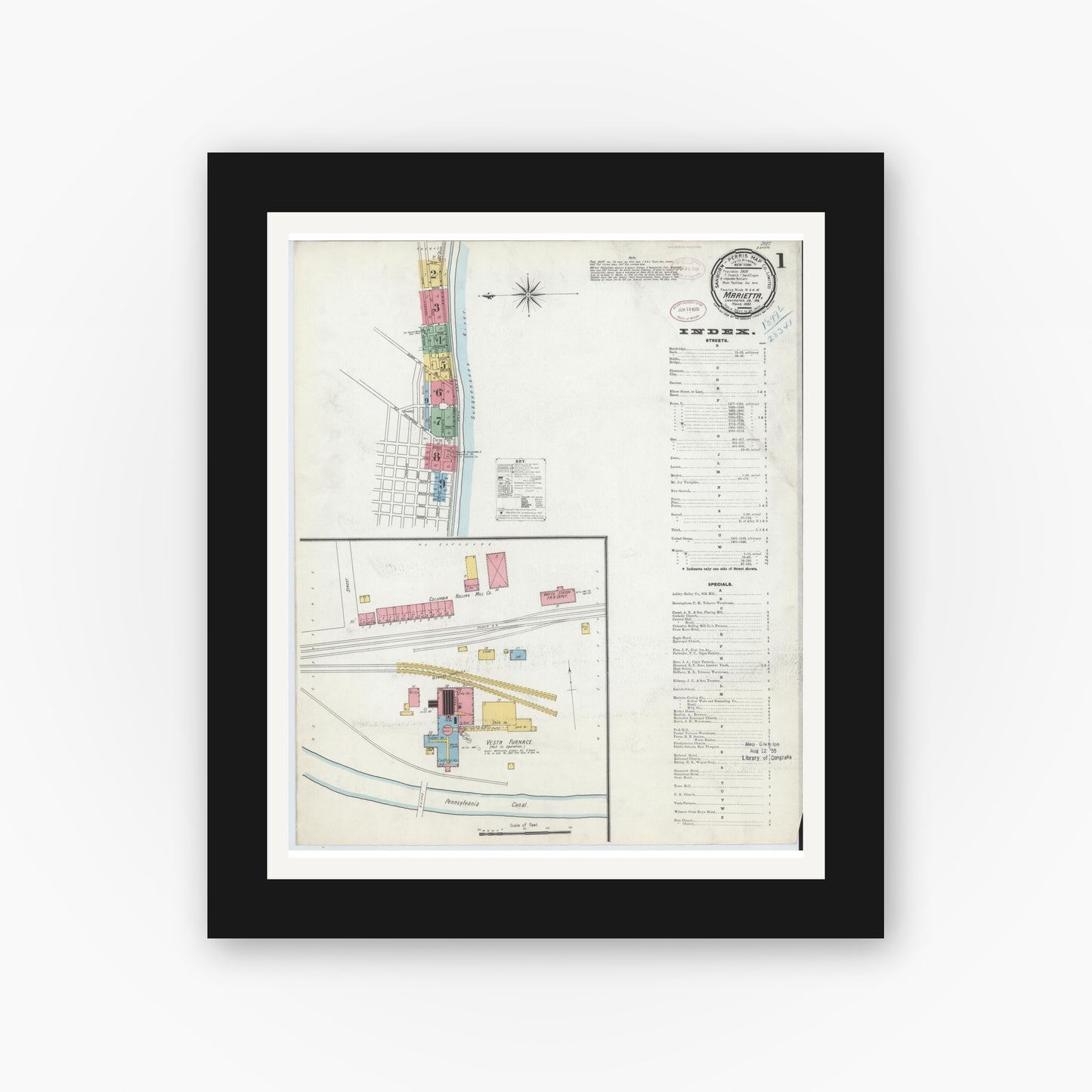 Old map wall art mockup — black gallery frame with white mat — Sanborn Fire Insurance Map from Marietta, Lancaster County, Pennsylvania (1899), Sheet #0001
