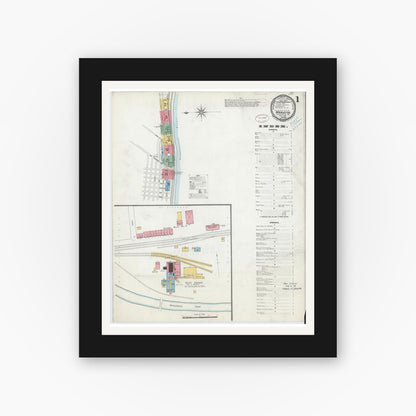Old map wall art mockup — black gallery frame with white mat — Sanborn Fire Insurance Map from Marietta, Lancaster County, Pennsylvania (1899), Sheet #0001