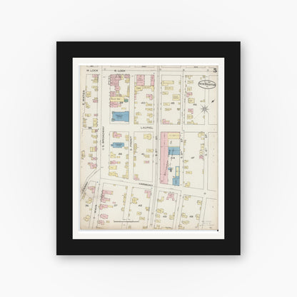 Old map wall art mockup — black gallery frame with white mat — Sanborn Fire Insurance Map from New Brighton, Beaver County, Pennsylvania (1886), Sheet #0005