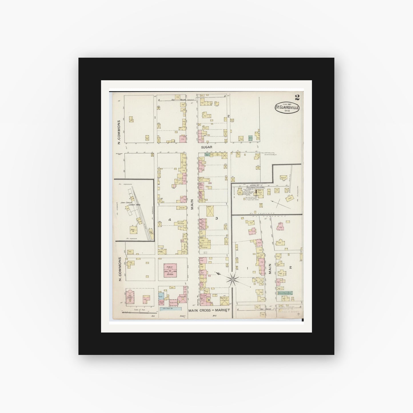 Old map wall art mockup — black gallery frame with white mat — Sanborn Fire Insurance Map from Saint Clairsville, Belmont County, Ohio (1887), Sheet #0002