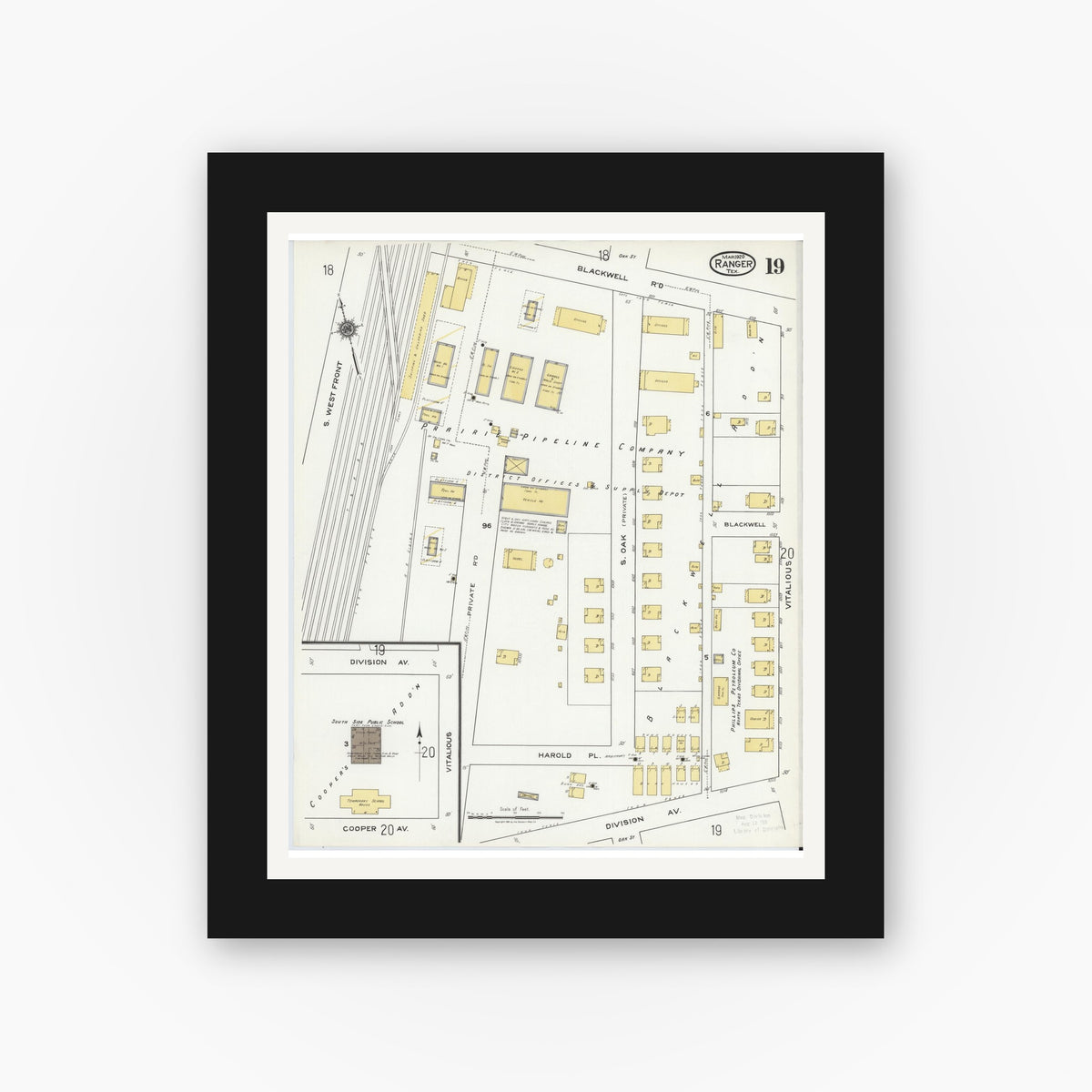 Old map wall art mockup — black gallery frame with white mat — Sanborn Fire Insurance Map from Ranger, Eastland County, Texas (1920), Sheet #0019