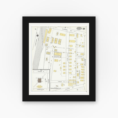 Old map wall art mockup — black gallery frame with white mat — Sanborn Fire Insurance Map from Ranger, Eastland County, Texas (1920), Sheet #0019
