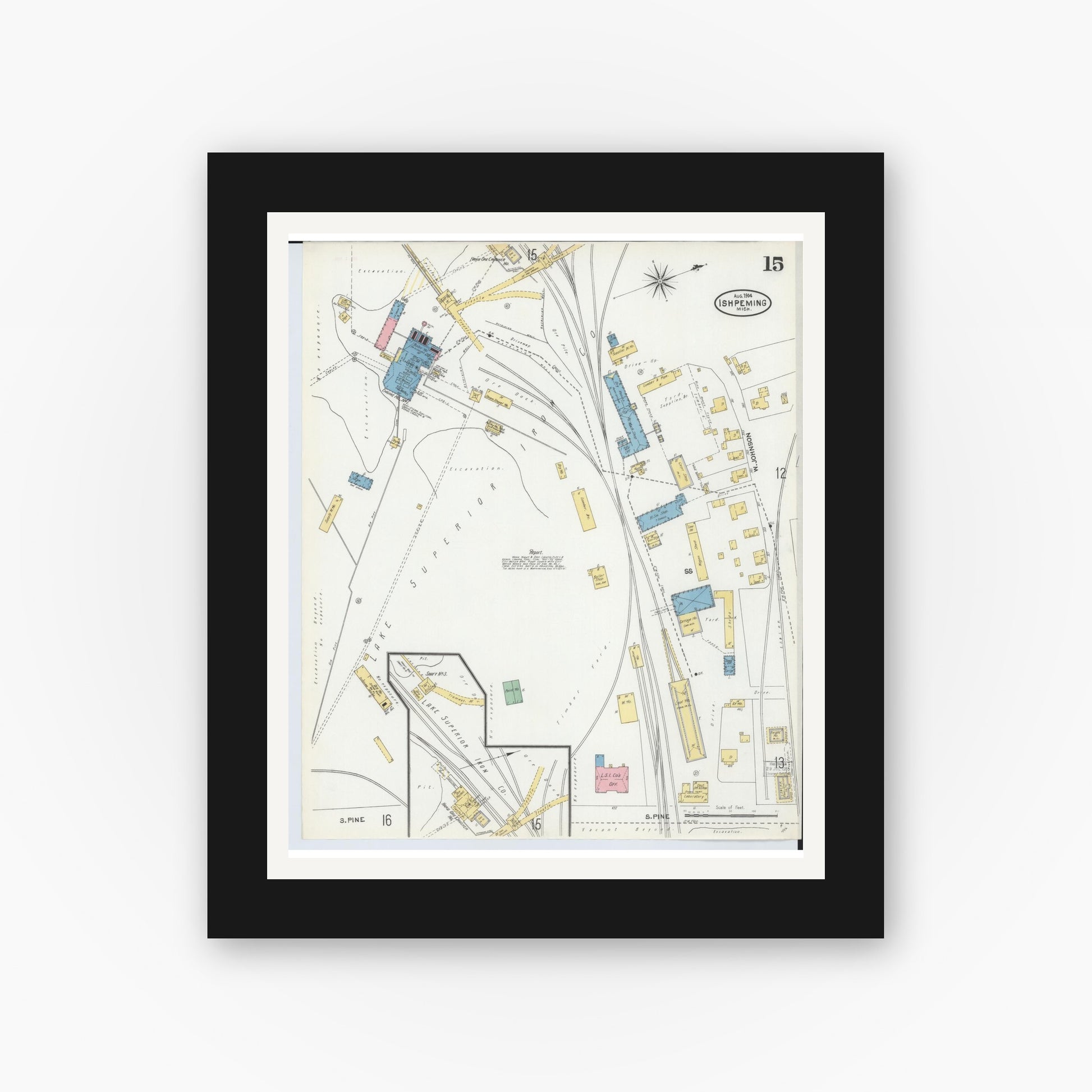 Old map wall art mockup — black gallery frame with white mat — Sanborn Fire Insurance Map from Ishpeming, Marquette County, Michigan (1904), Sheet #0015