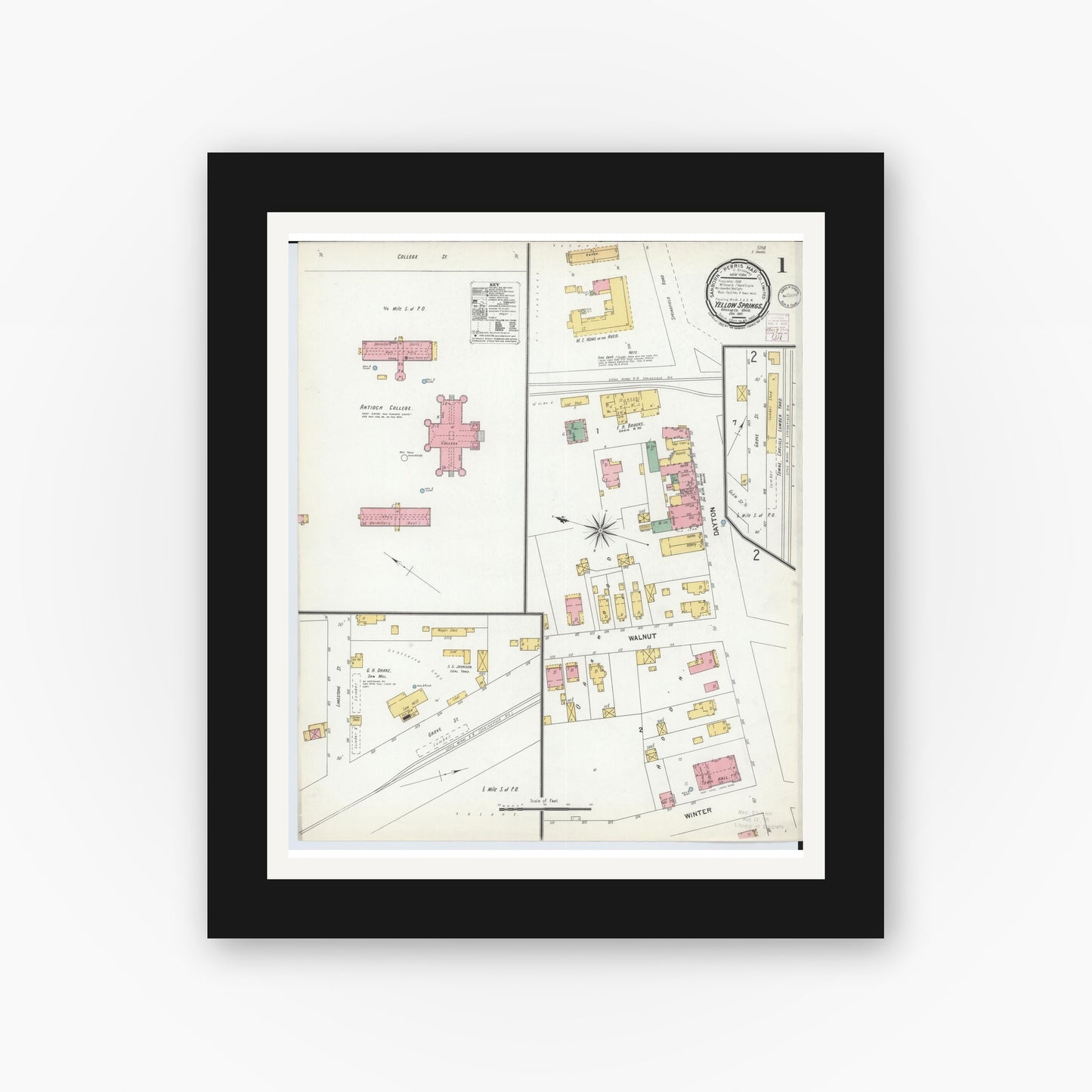 Old map wall art mockup — black gallery frame with white mat — Sanborn Fire Insurance Map from Yellow Springs, Greene County, Ohio (1901) - Complete Map Set