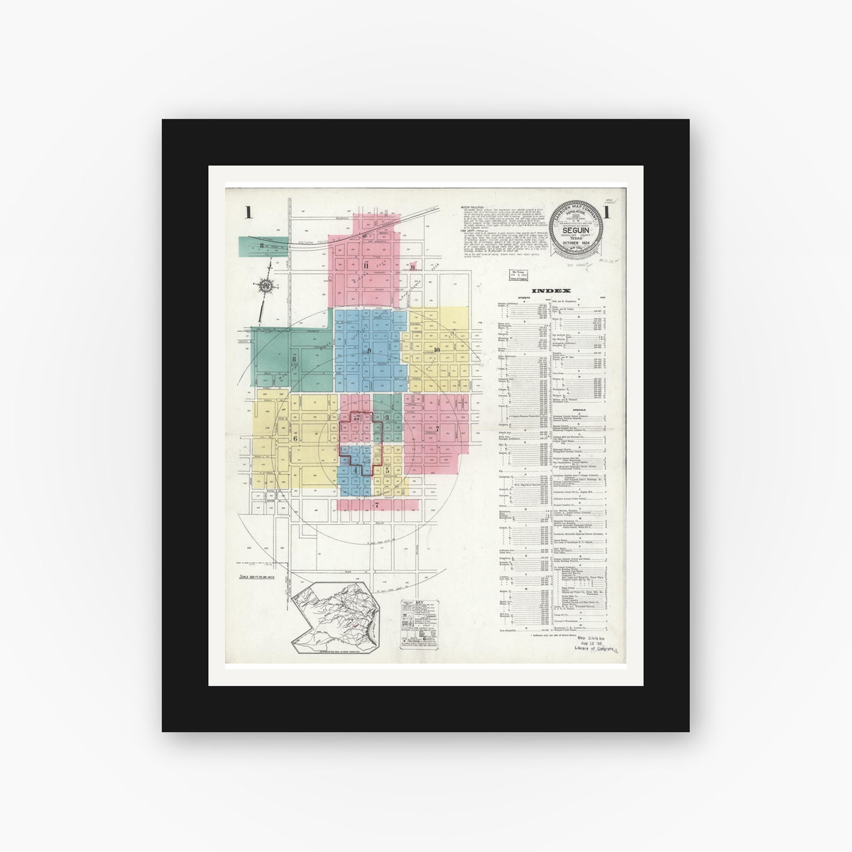 Old map wall art mockup — black gallery frame with white mat — Sanborn Fire Insurance Map from Seguin, Guadalupe County, Texas (1924) - Complete Map Set