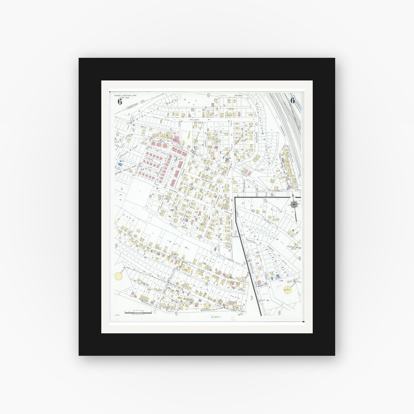 Old map wall art mockup — black gallery frame with white mat — Sanborn Fire Insurance Map from Mingo Junction, Jefferson County, Ohio (1946), Sheet #0006