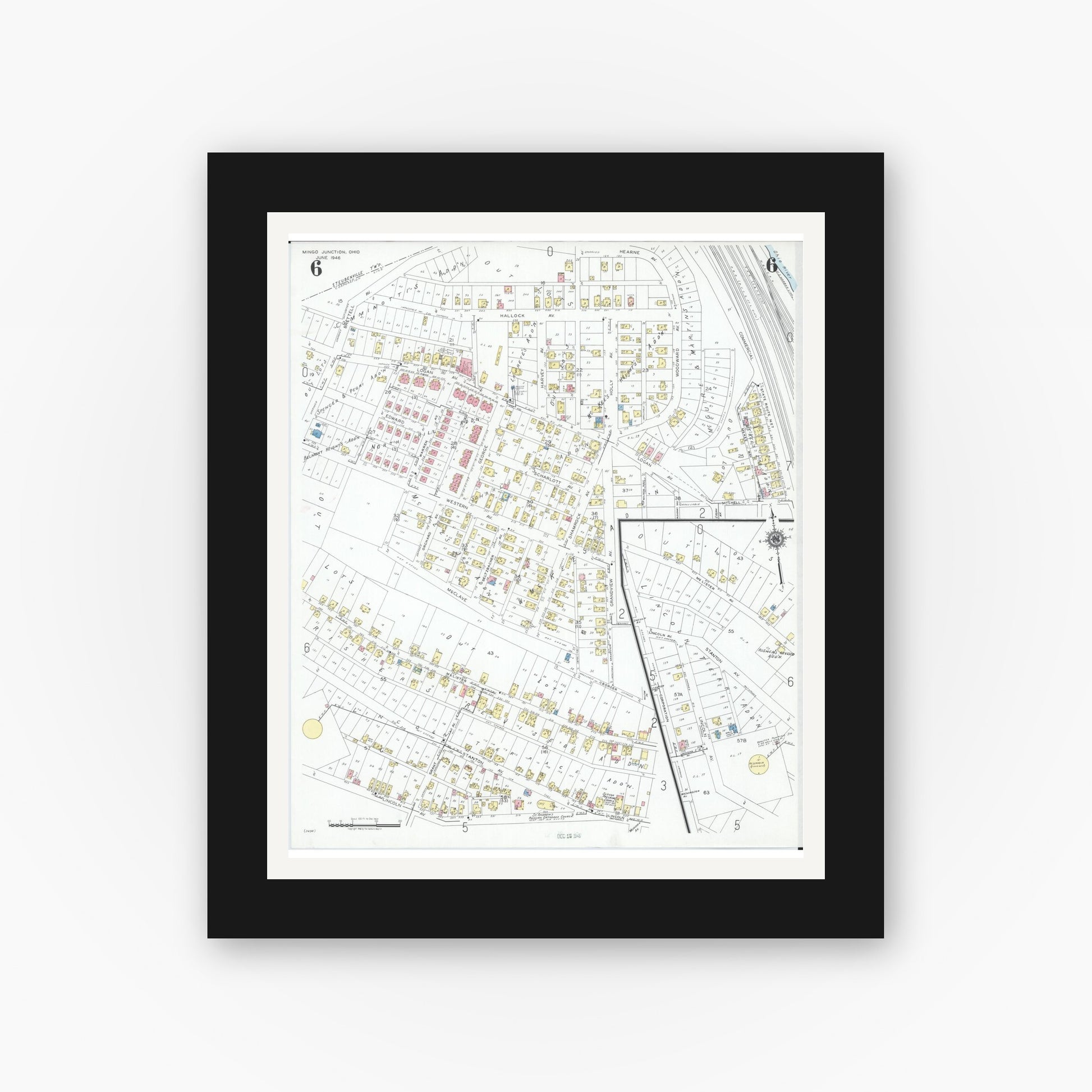 Old map wall art mockup — black gallery frame with white mat — Sanborn Fire Insurance Map from Mingo Junction, Jefferson County, Ohio (1946), Sheet #0006