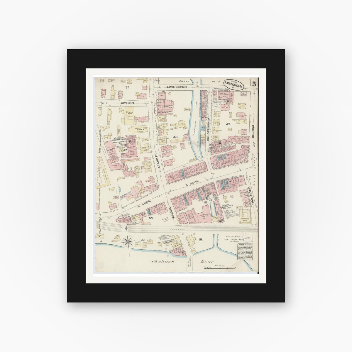 Old map wall art mockup — black gallery frame with white mat — Sanborn Fire Insurance Map from Amsterdam, Montgomery County, New York (1884), Sheet #0005