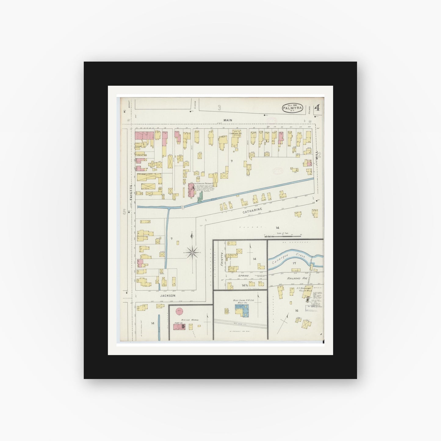 Old map wall art mockup — black gallery frame with white mat — Sanborn Fire Insurance Map from Palmyra, Wayne County, New York (1894), Sheet #0004