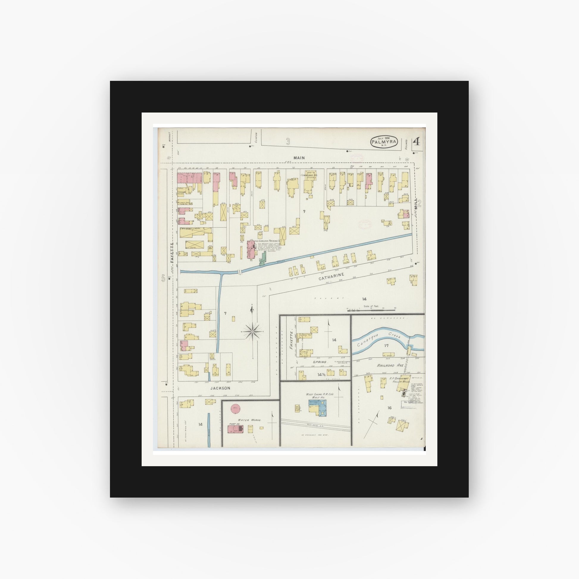 Old map wall art mockup — black gallery frame with white mat — Sanborn Fire Insurance Map from Palmyra, Wayne County, New York (1894), Sheet #0004