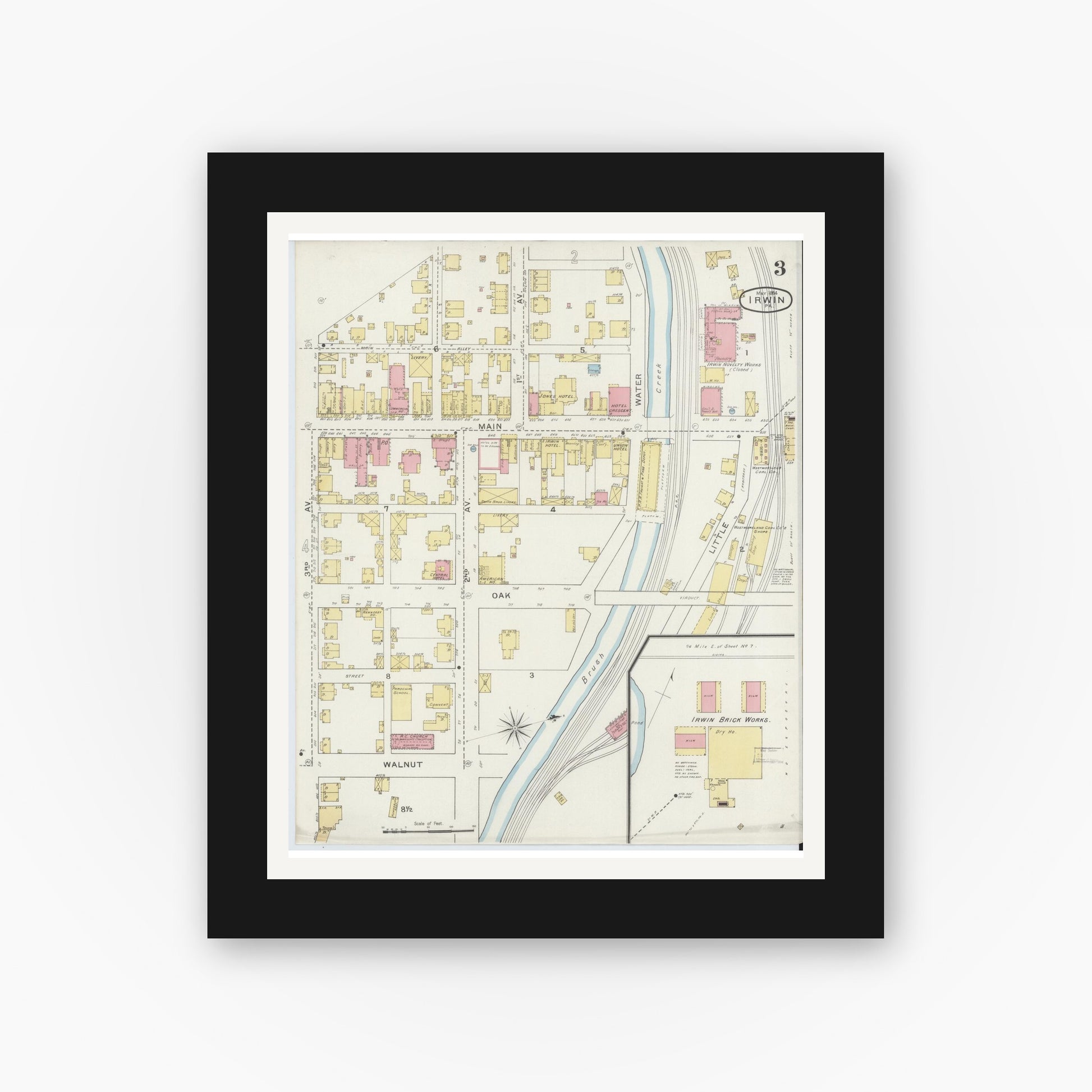 Old map wall art mockup — black gallery frame with white mat — Sanborn Fire Insurance Map from Irwin, Westmoreland County, Pennsylvania (1894), Sheet #0003