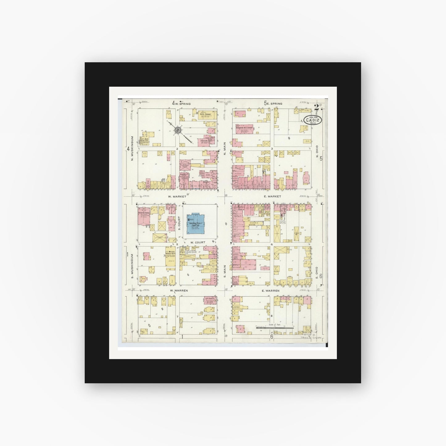 Old map wall art mockup — black gallery frame with white mat — Sanborn Fire Insurance Map from Cadiz, Harrison County, Ohio (1916), Sheet #0002