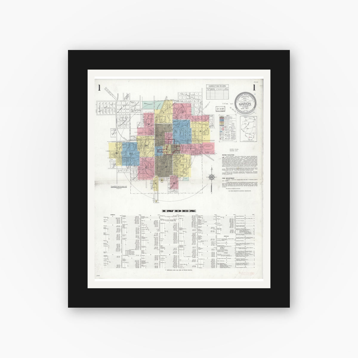 Old map wall art mockup — black gallery frame with white mat — Sanborn Fire Insurance Map from Marion, Williamson County, Illinois (1937), Sheet #0001