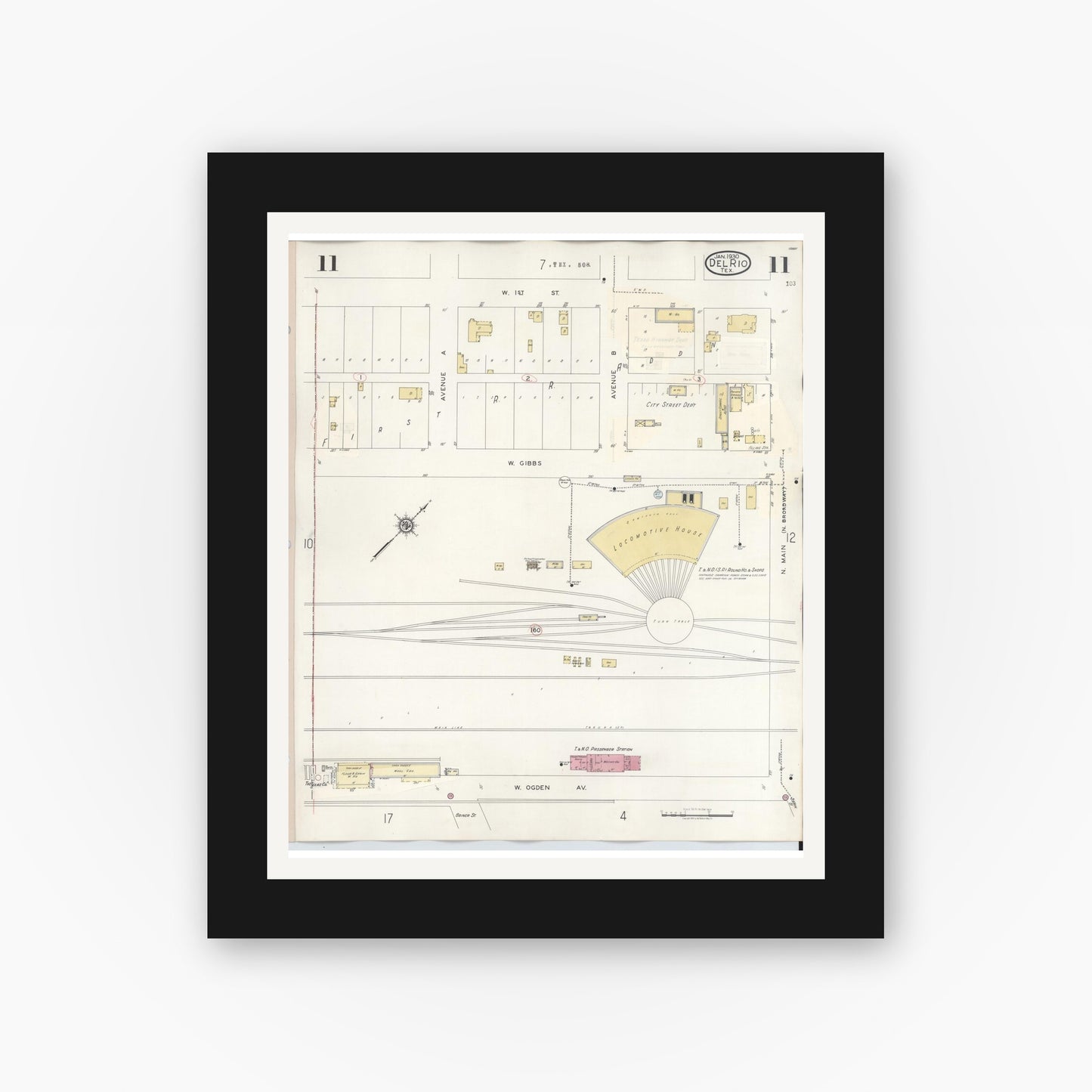 Old map wall art mockup — black gallery frame with white mat — Sanborn Fire Insurance Map from Del Rio, Val Verde County, Texas (1948), Sheet #0011