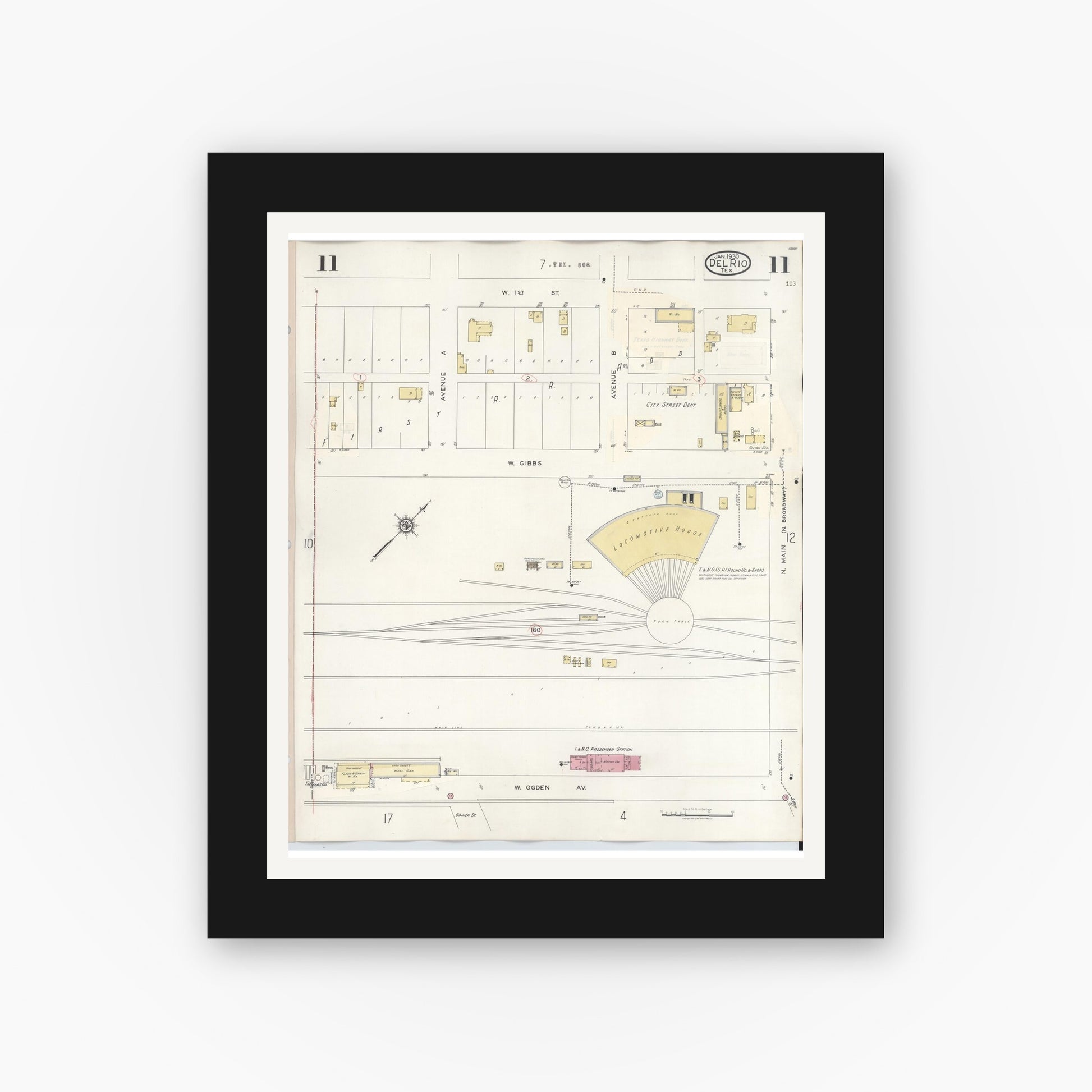 Old map wall art mockup — black gallery frame with white mat — Sanborn Fire Insurance Map from Del Rio, Val Verde County, Texas (1948), Sheet #0011