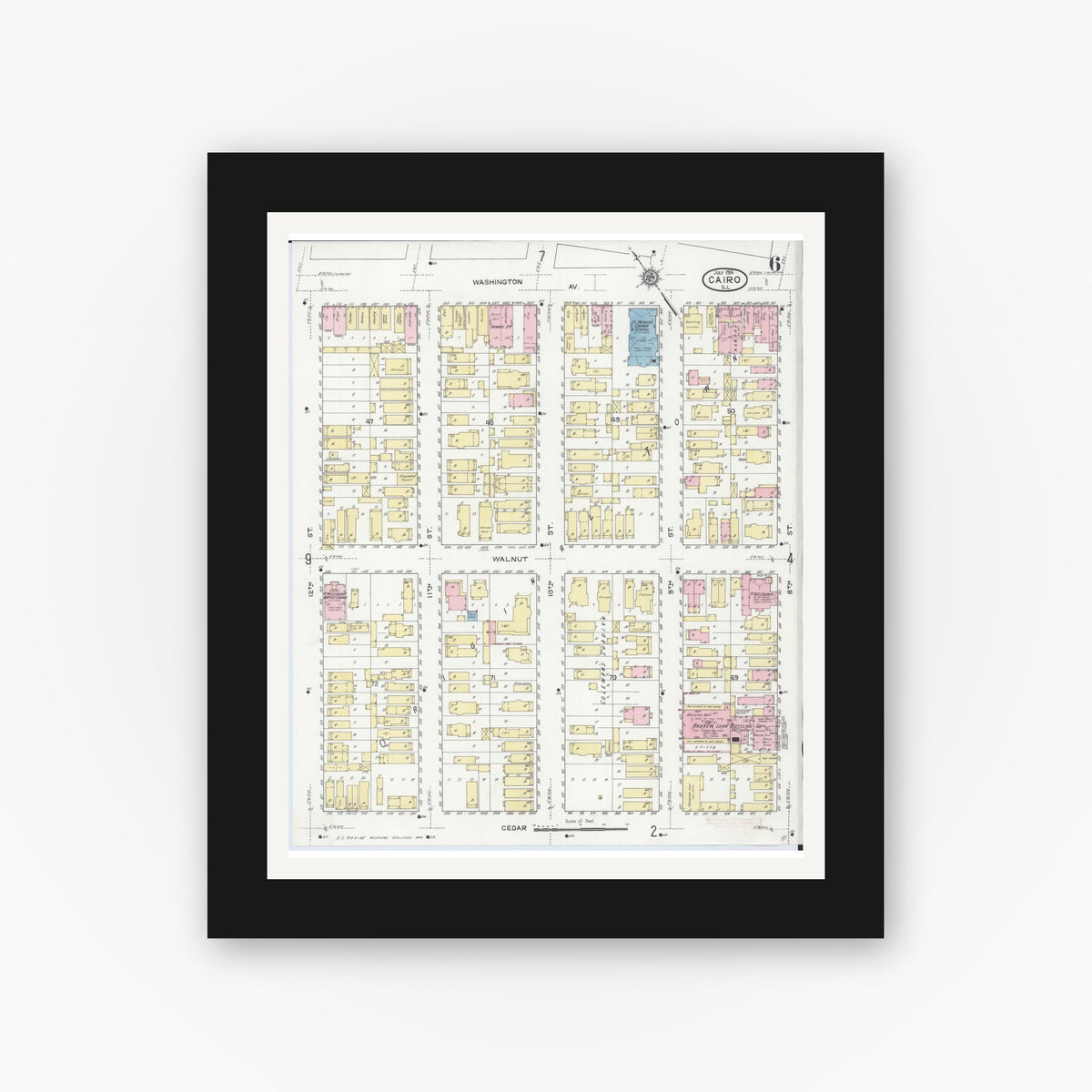 Old map wall art mockup — black gallery frame with white mat — Sanborn Fire Insurance Map from Cairo, Alexander County, Illinois (1914), Sheet #0006