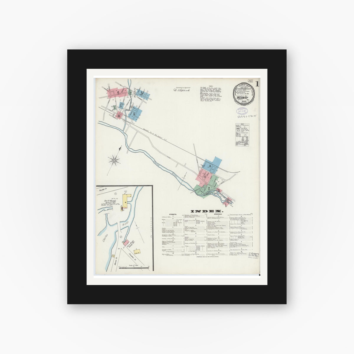 Old map wall art mockup — black gallery frame with white mat — Sanborn Fire Insurance Map from Medway, Norfolk County, Massachusetts (1897) - Complete Map Set