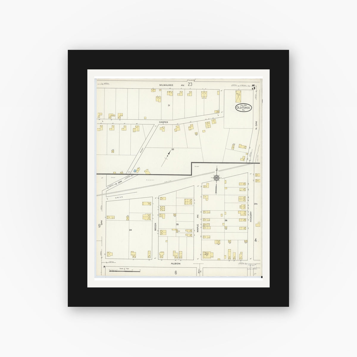 Old map wall art mockup — black gallery frame with white mat — Sanborn Fire Insurance Map from Old Forge, Lackawanna County, Pennsylvania (1914), Sheet #0005