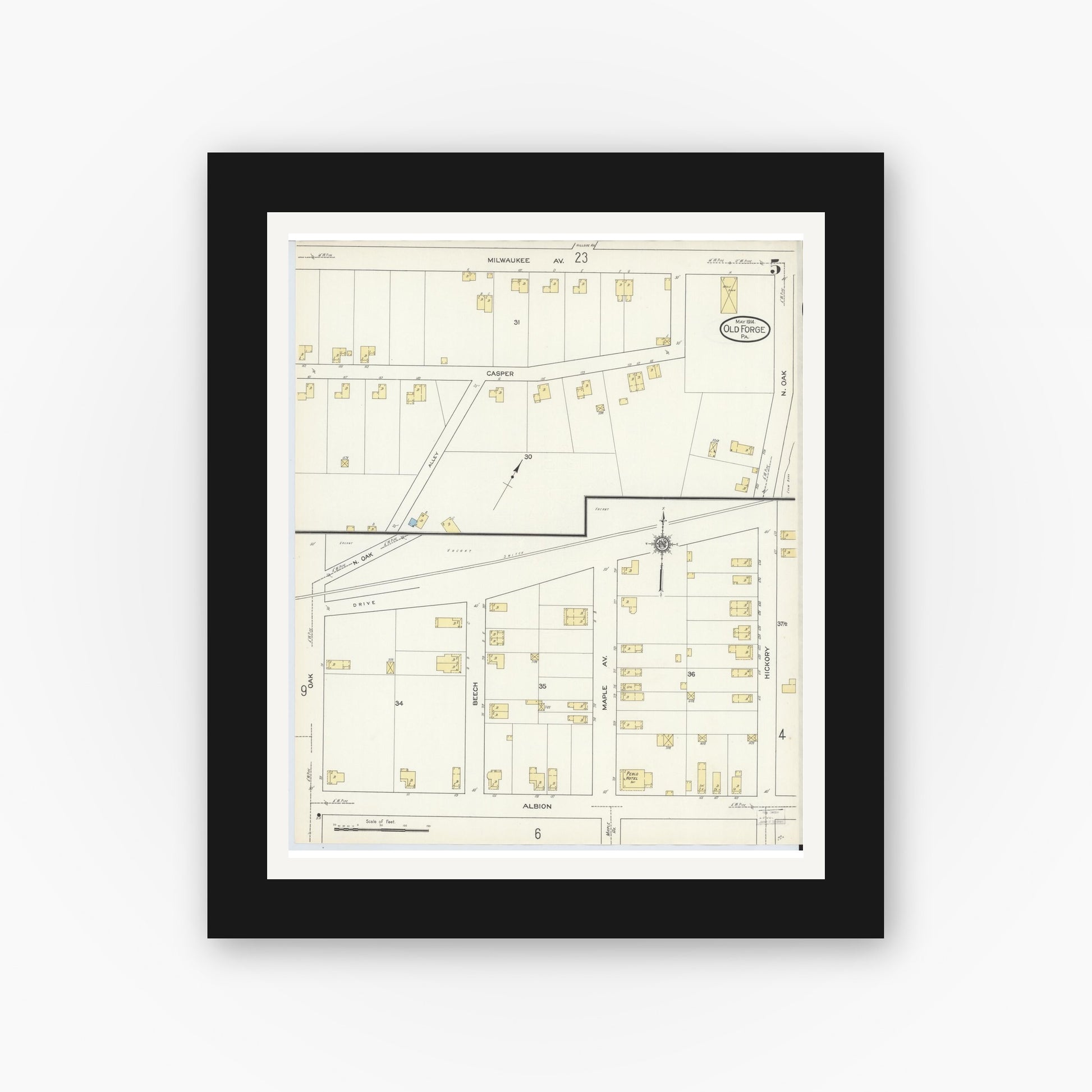 Old map wall art mockup — black gallery frame with white mat — Sanborn Fire Insurance Map from Old Forge, Lackawanna County, Pennsylvania (1914), Sheet #0005