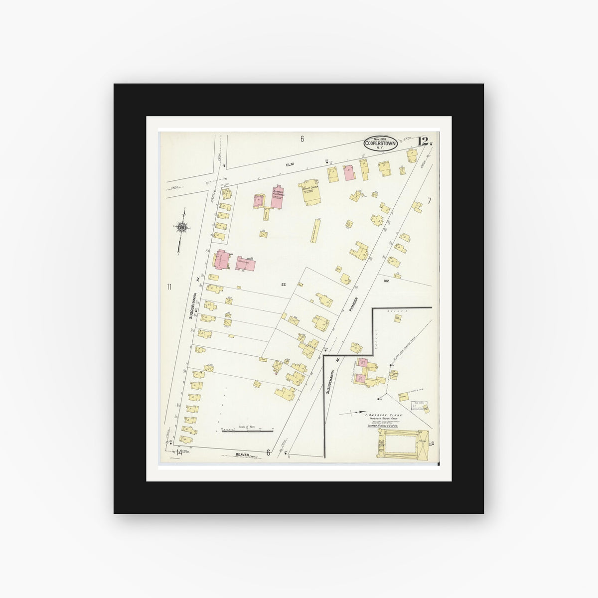 Old map wall art mockup — black gallery frame with white mat — Sanborn Fire Insurance Map from Cooperstown, Otsego County, New York (1909), Sheet #0012