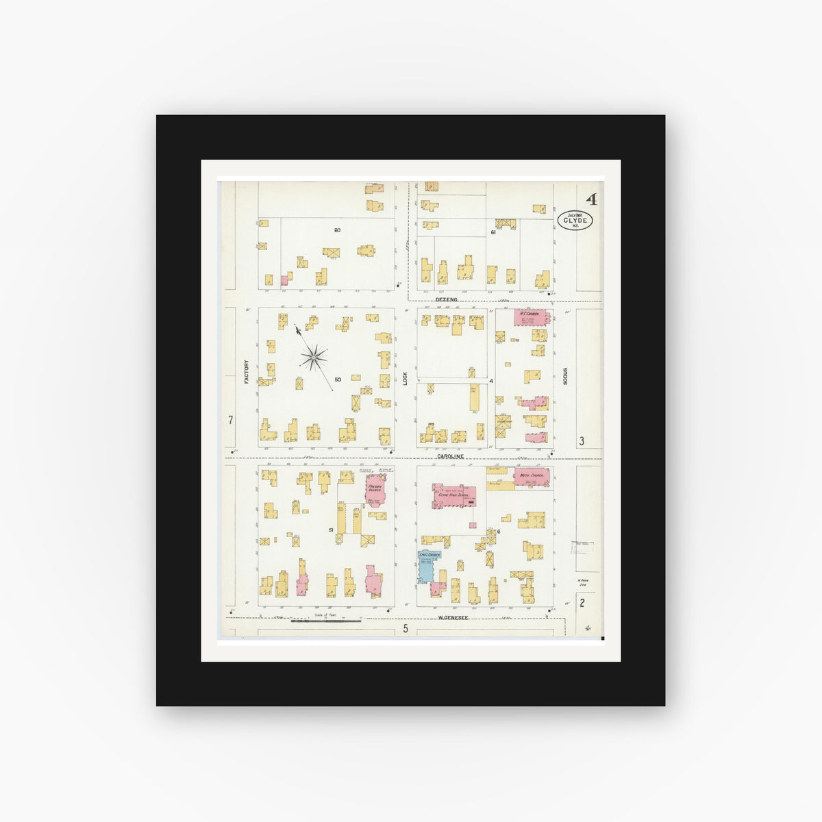 Old map wall art mockup — black gallery frame with white mat — Sanborn Fire Insurance Map from Clyde, Wayne County, New York (1901), Sheet #0004