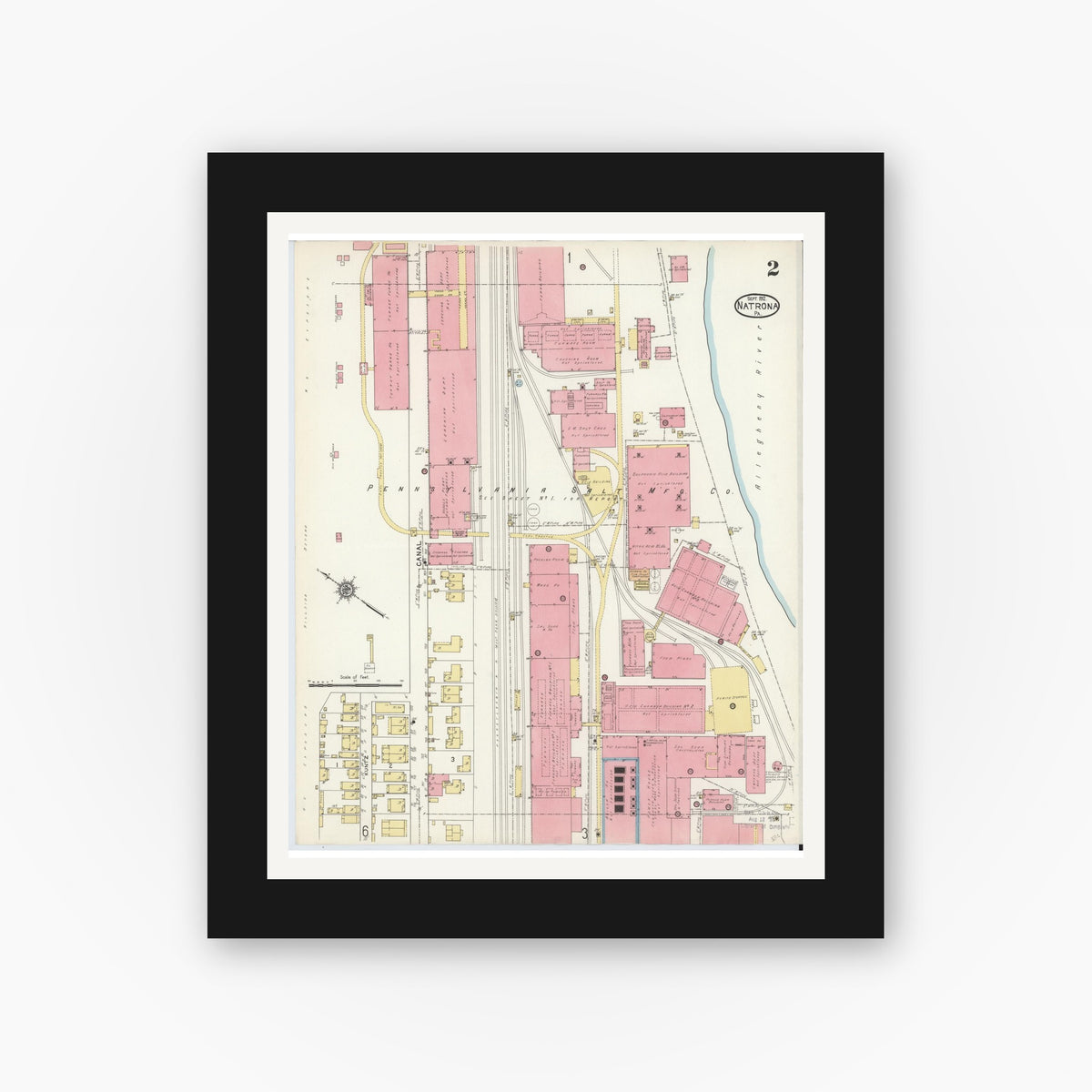 Old map wall art mockup — black gallery frame with white mat — Sanborn Fire Insurance Map from Natrona, Allegheny County, Pennsylvania (1912), Sheet #0002