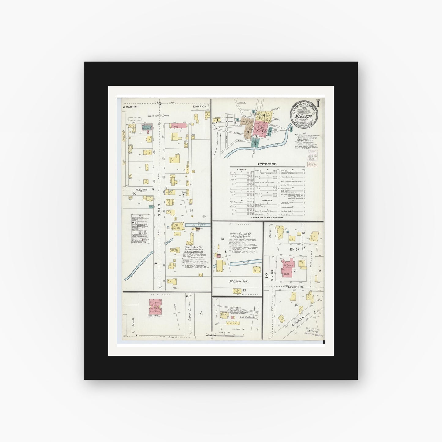 Old map wall art mockup — black gallery frame with white mat — Sanborn Fire Insurance Map from Mount Gilead, Morrow County, Ohio (1903), Sheet #0001