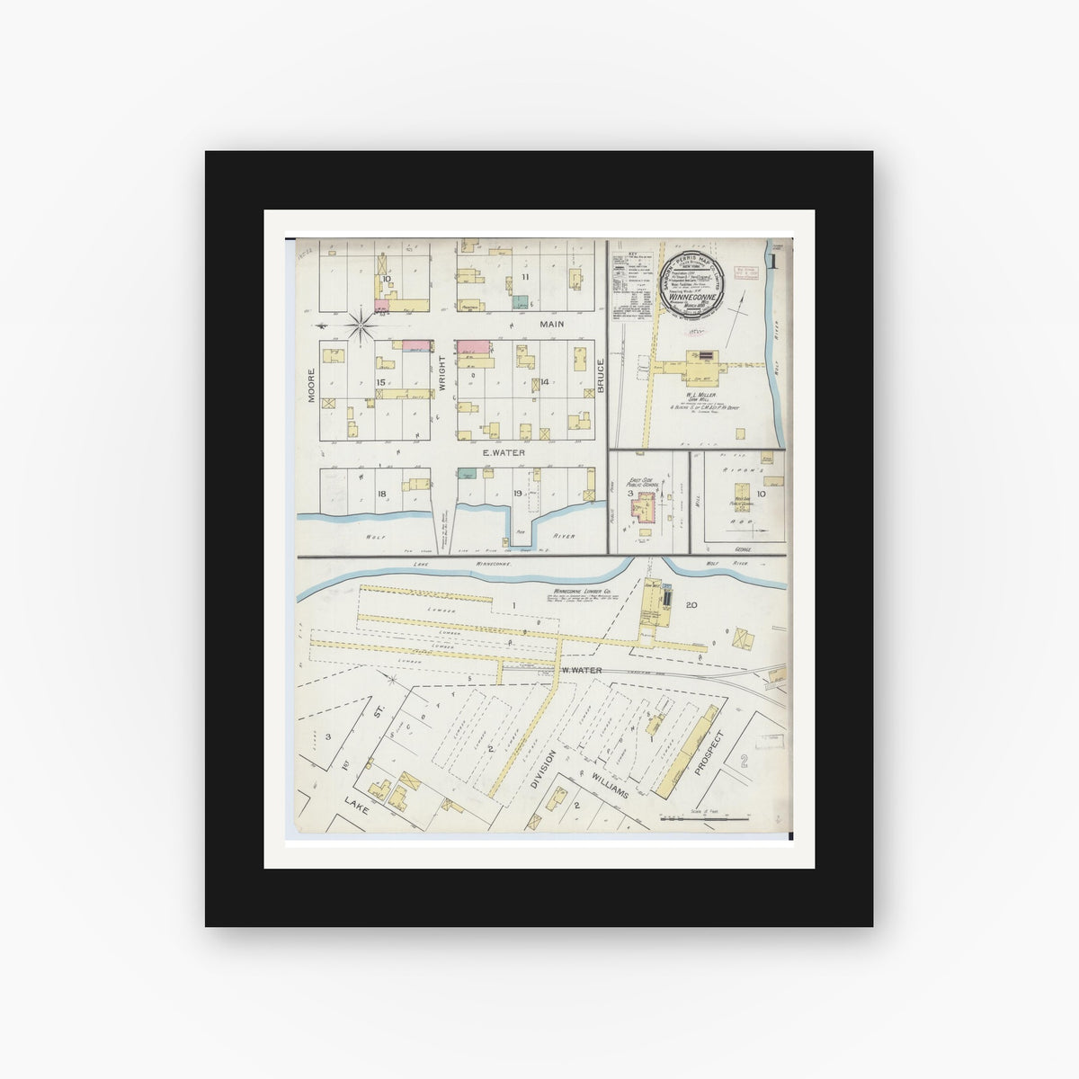Old map wall art mockup — black gallery frame with white mat — Sanborn Fire Insurance Map from Winneconne, Winnebago County, Wisconsin (1893) - Complete Map Set