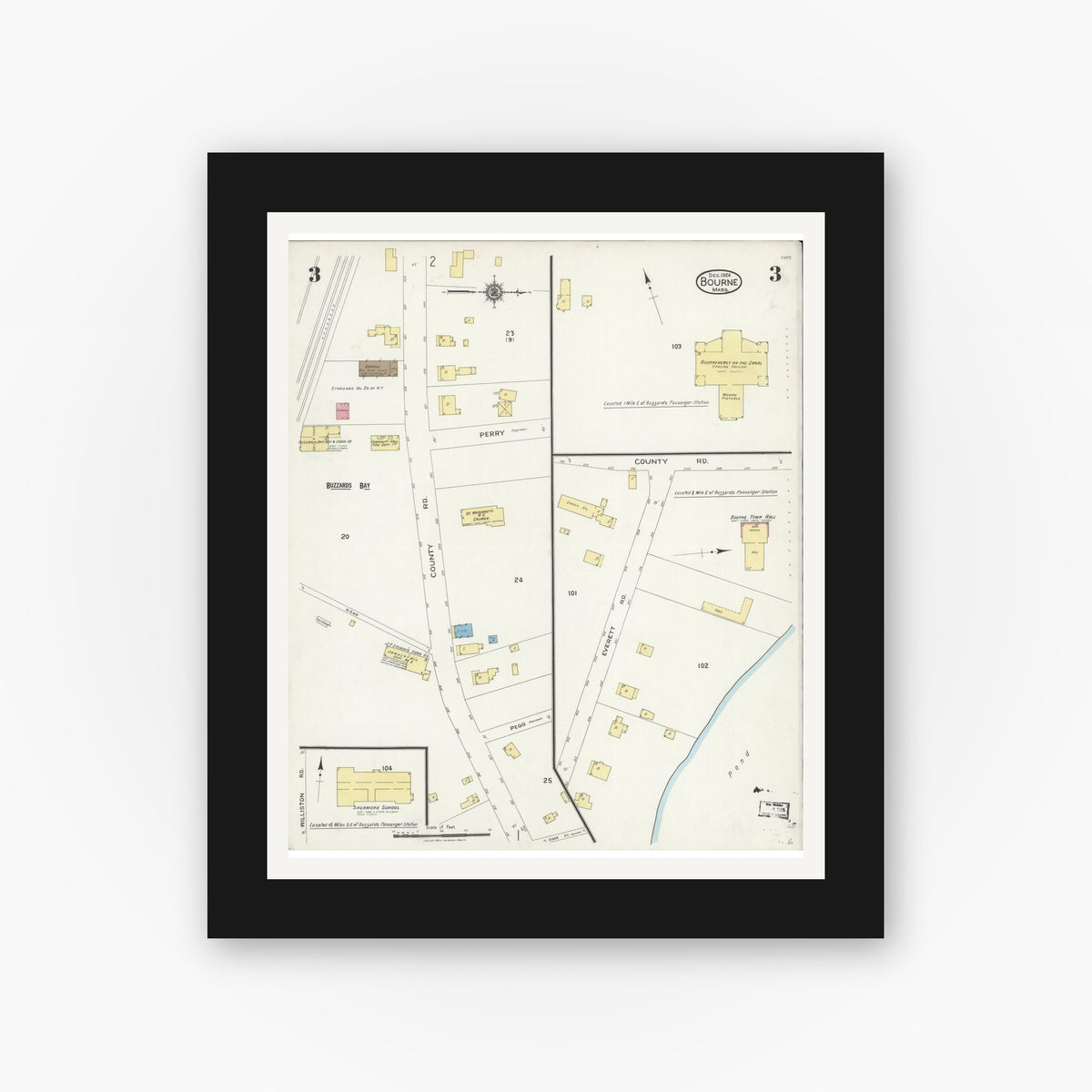 Old map wall art mockup — black gallery frame with white mat — Sanborn Fire Insurance Map from Bourne, Barnstable County, Massachusetts (1924), Sheet #0003