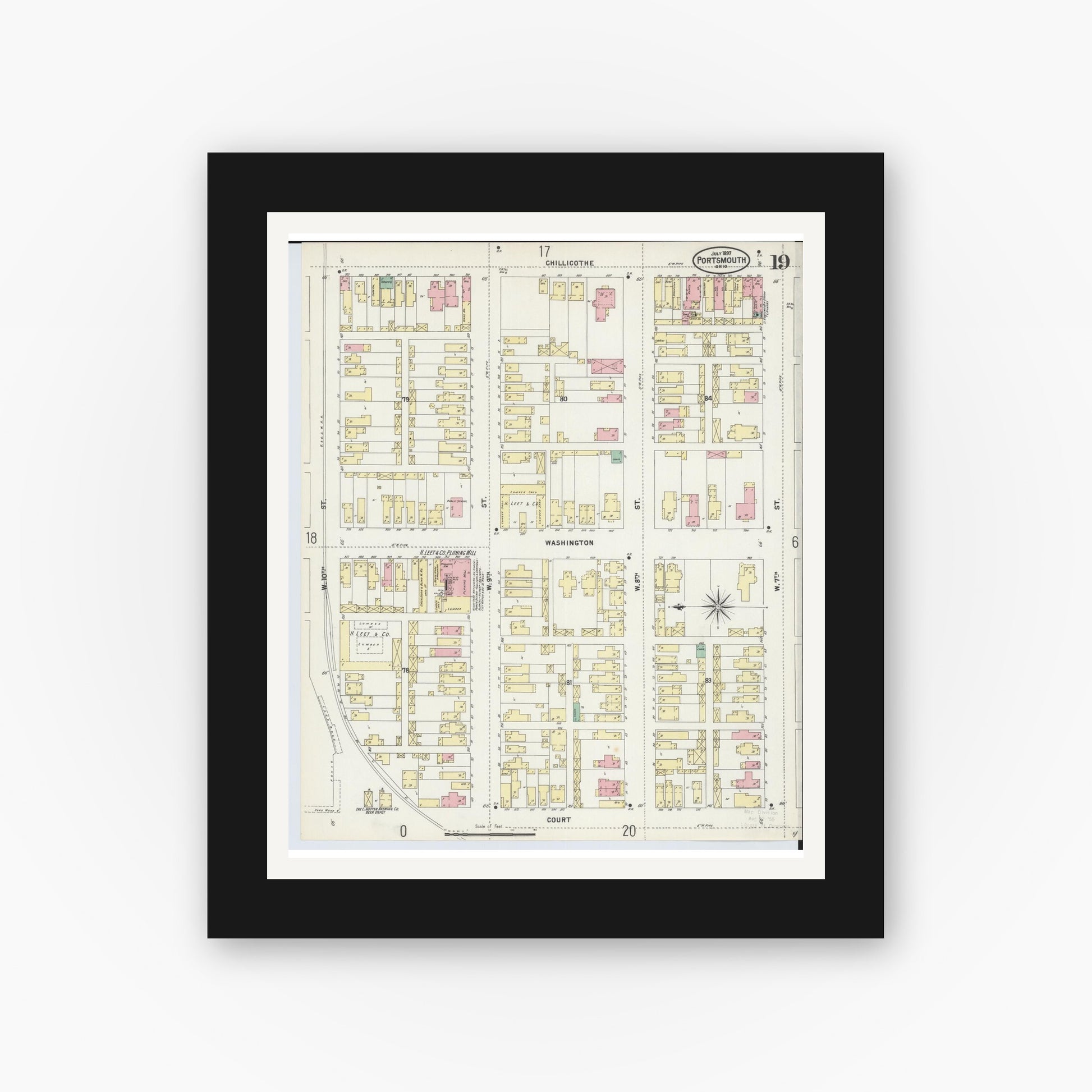 Old map wall art mockup — black gallery frame with white mat — Sanborn Fire Insurance Map from Portsmouth, Scioto County, Ohio (1897), Sheet #0019