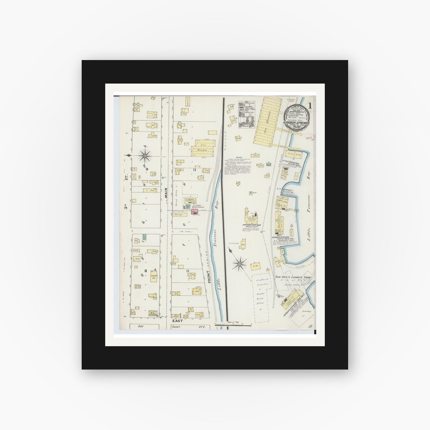 Old map wall art mockup — black gallery frame with white mat — Sanborn Fire Insurance Map from Harbor Springs, Emmet County, Michigan (1890) - Complete Map Set