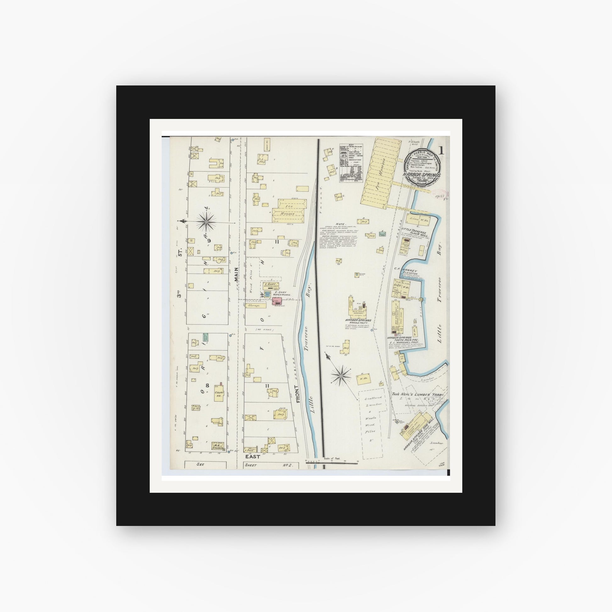 Old map wall art mockup — black gallery frame with white mat — Sanborn Fire Insurance Map from Harbor Springs, Emmet County, Michigan (1890) - Complete Map Set