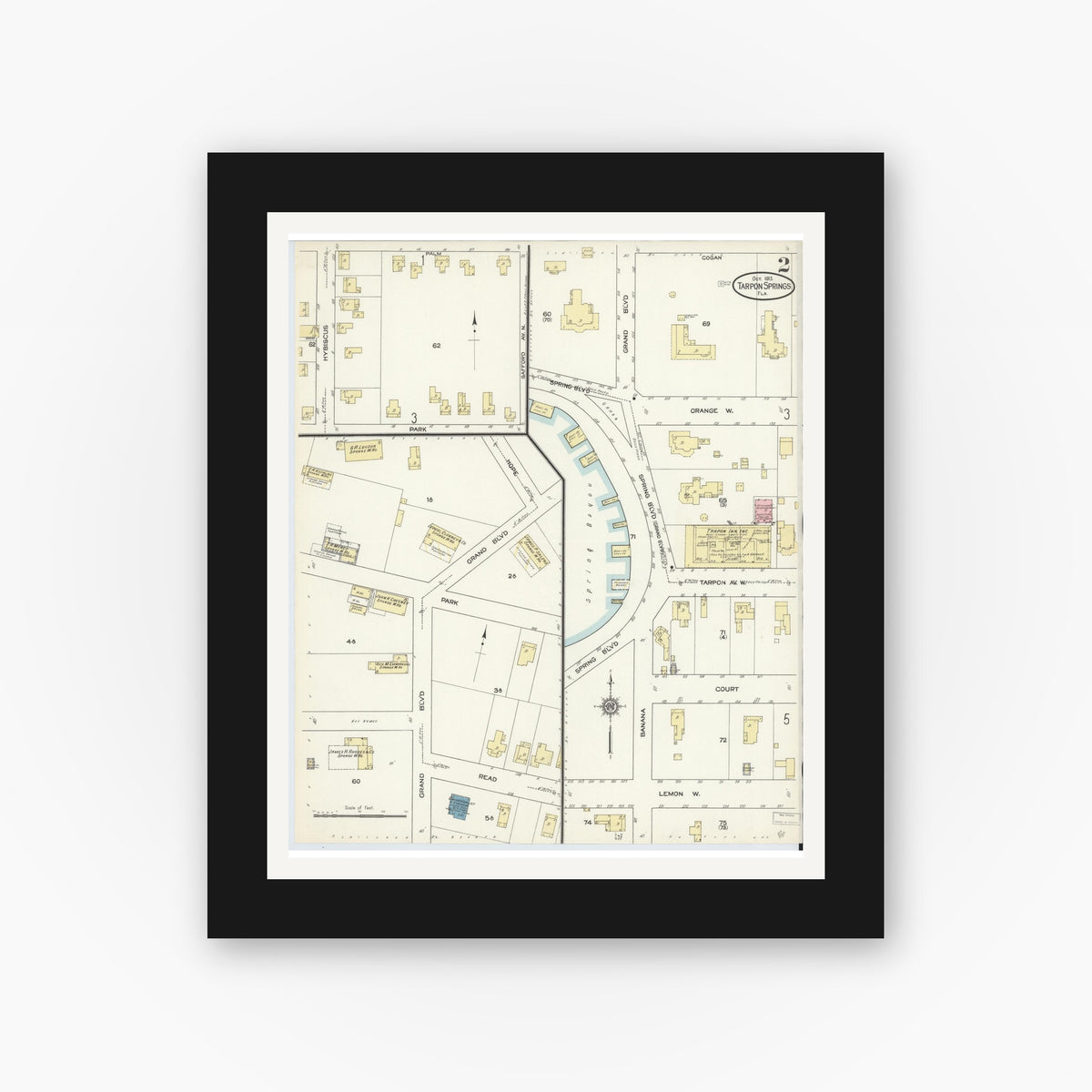 Old map wall art mockup — black gallery frame with white mat — Sanborn Fire Insurance Map from Tarpon Springs, Pinellas County, Florida (1913), Sheet #0002