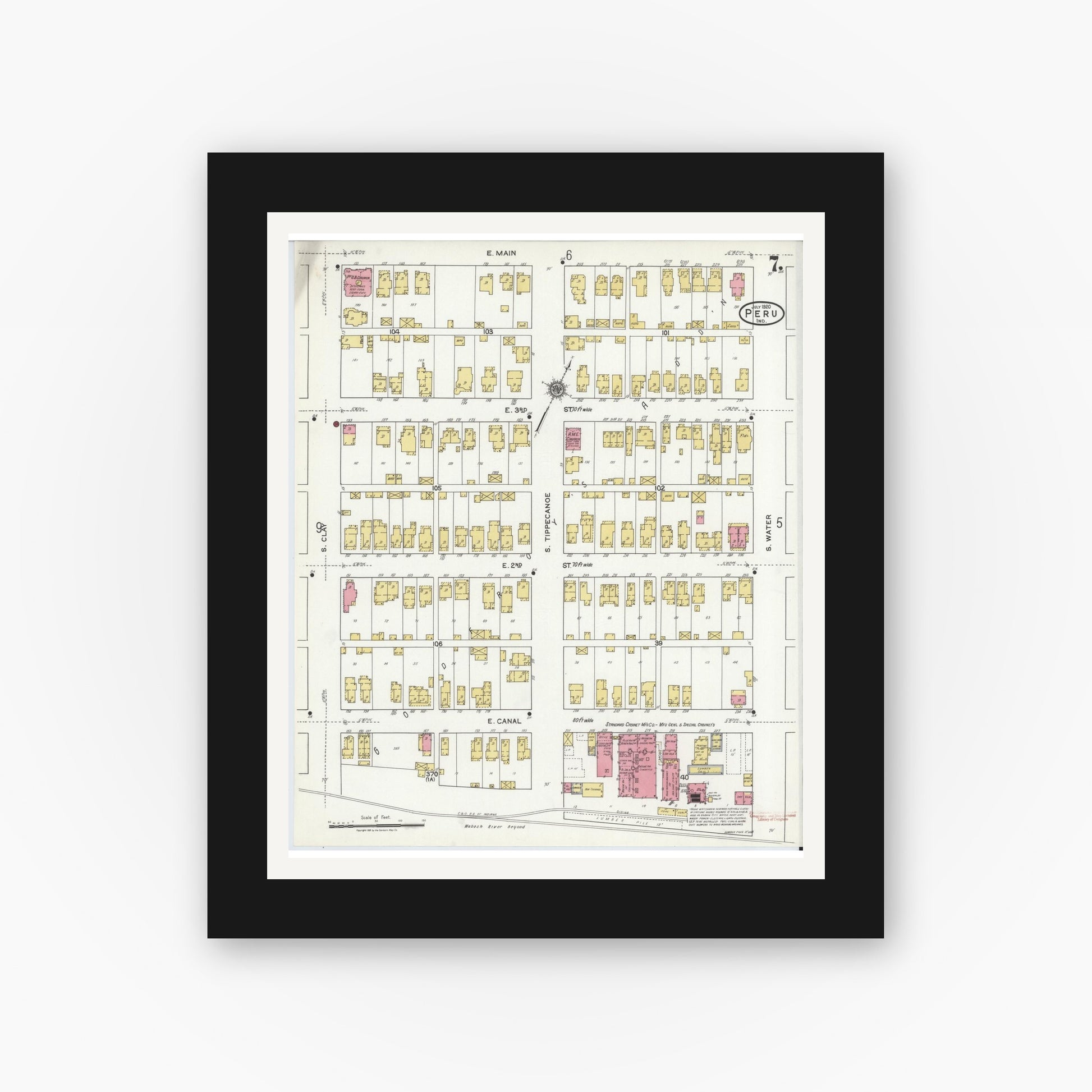 Old map wall art mockup — black gallery frame with white mat — Sanborn Fire Insurance Map from Peru, Miami County, Indiana (1920), Sheet #0007