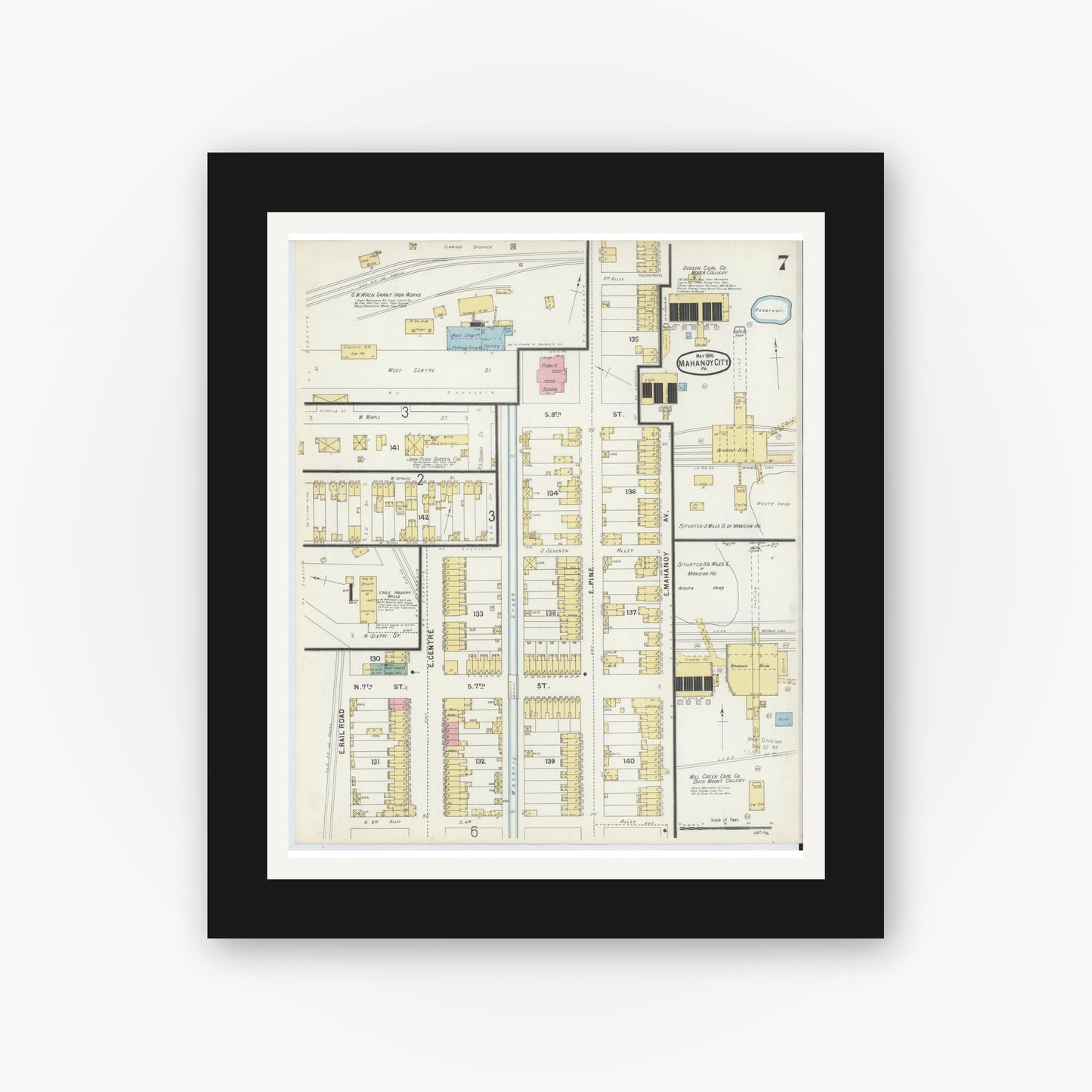 Old map wall art mockup — black gallery frame with white mat — Sanborn Fire Insurance Map from Mahanoy City, Schuylkill County, Pennsylvania (1896), Sheet #0007