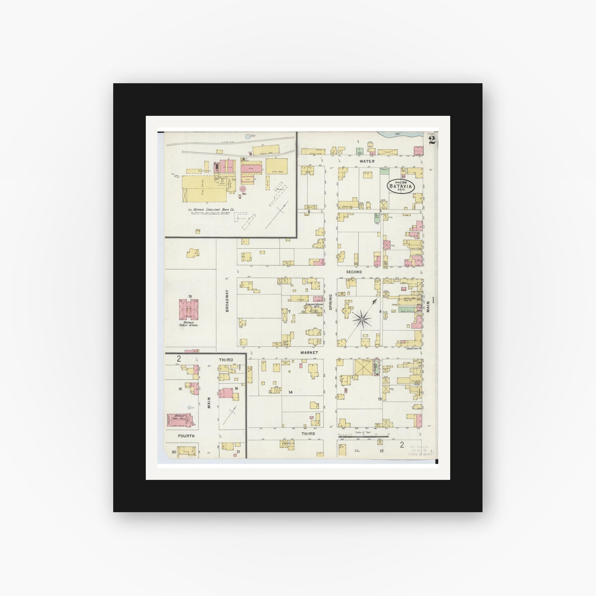 Old map wall art mockup — black gallery frame with white mat — Sanborn Fire Insurance Map from Batavia, Clermont County, Ohio (1898), Sheet #0002