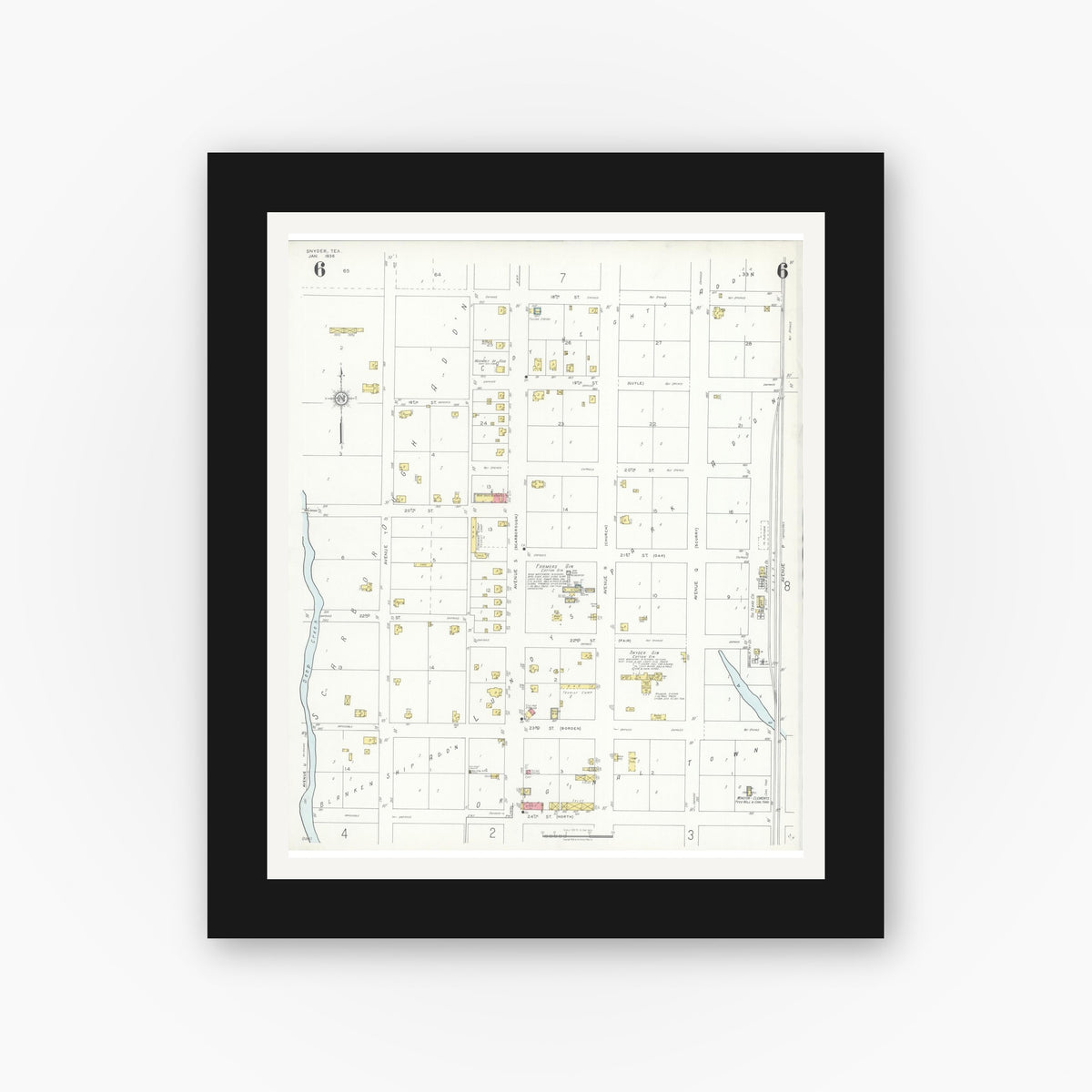 Old map wall art mockup — black gallery frame with white mat — Sanborn Fire Insurance Map from Snyder, Scurry County, Texas (1936), Sheet #0006