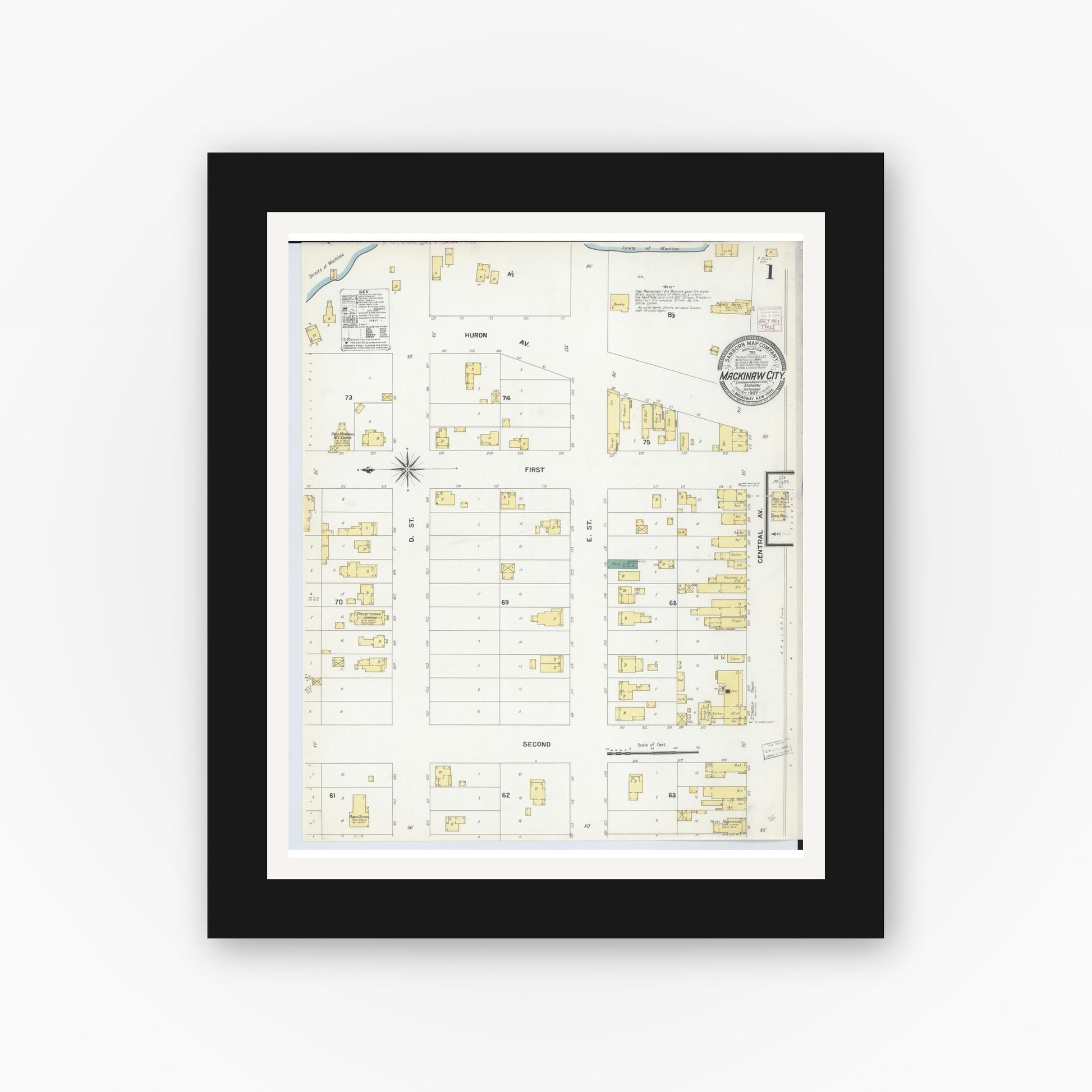 Old map wall art mockup — black gallery frame with white mat — Sanborn Fire Insurance Map from Mackinaw City, Cheboygan County, Michigan (1907) - Complete Map Set