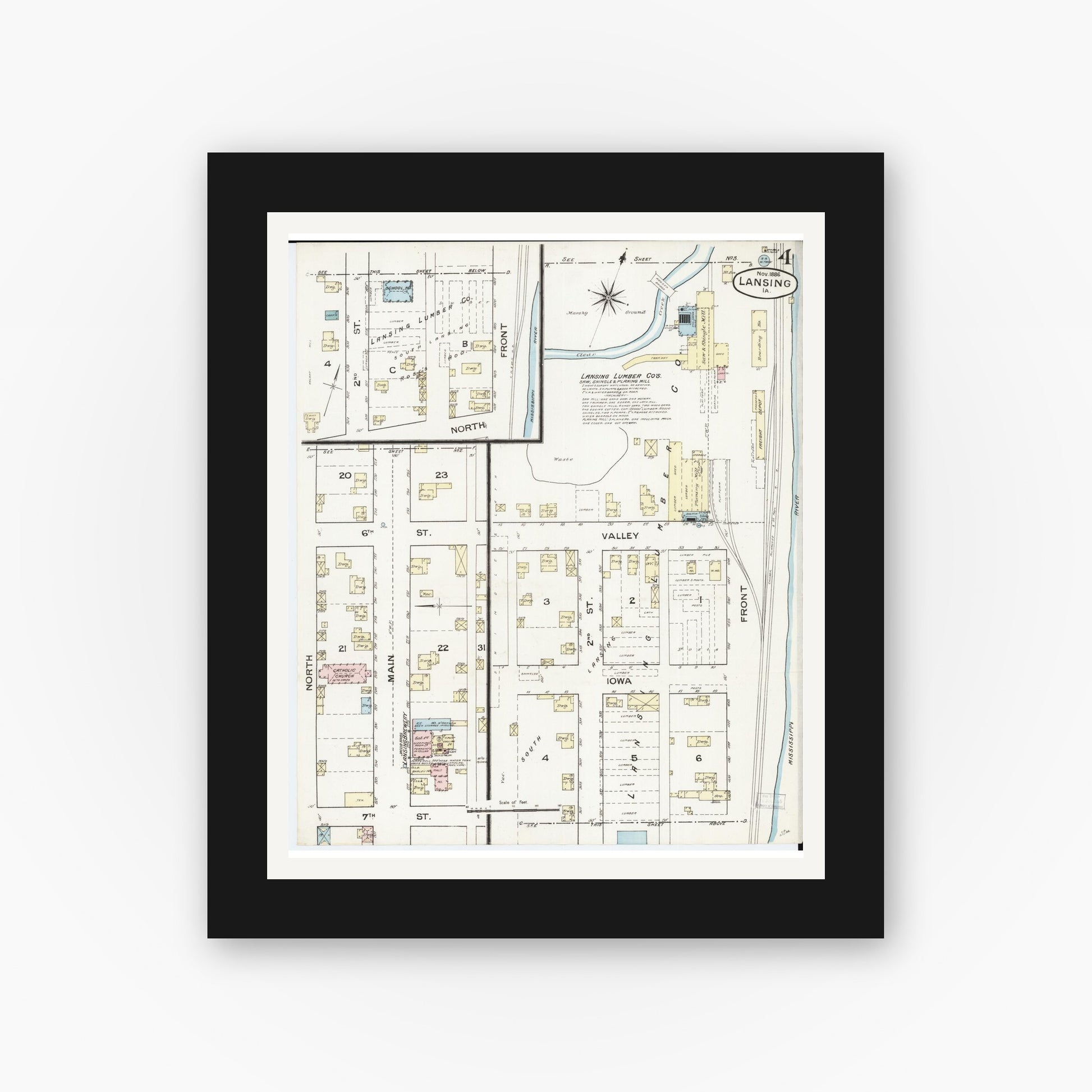 Old map wall art mockup — black gallery frame with white mat — Sanborn Fire Insurance Map from Lansing, Allamakee County, Iowa (1886), Sheet #0004