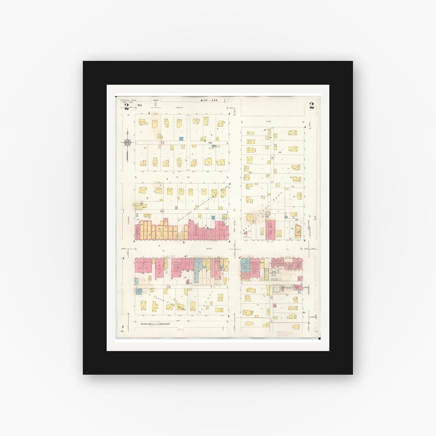 Old map wall art mockup — black gallery frame with white mat — Sanborn Fire Insurance Map from Kenyon, Goodhue County, Minnesota (1944), Sheet #0002