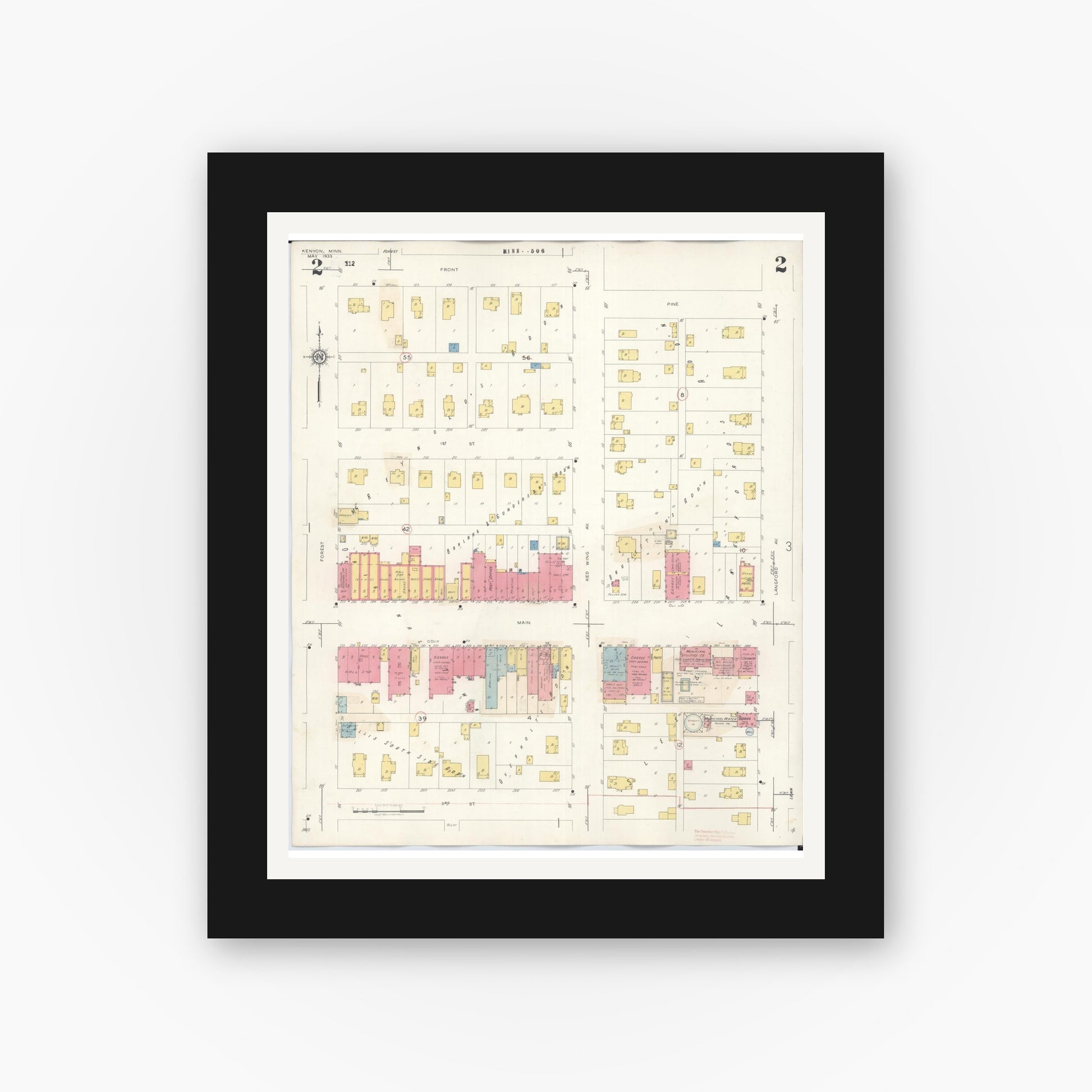 Old map wall art mockup — black gallery frame with white mat — Sanborn Fire Insurance Map from Kenyon, Goodhue County, Minnesota (1944), Sheet #0002